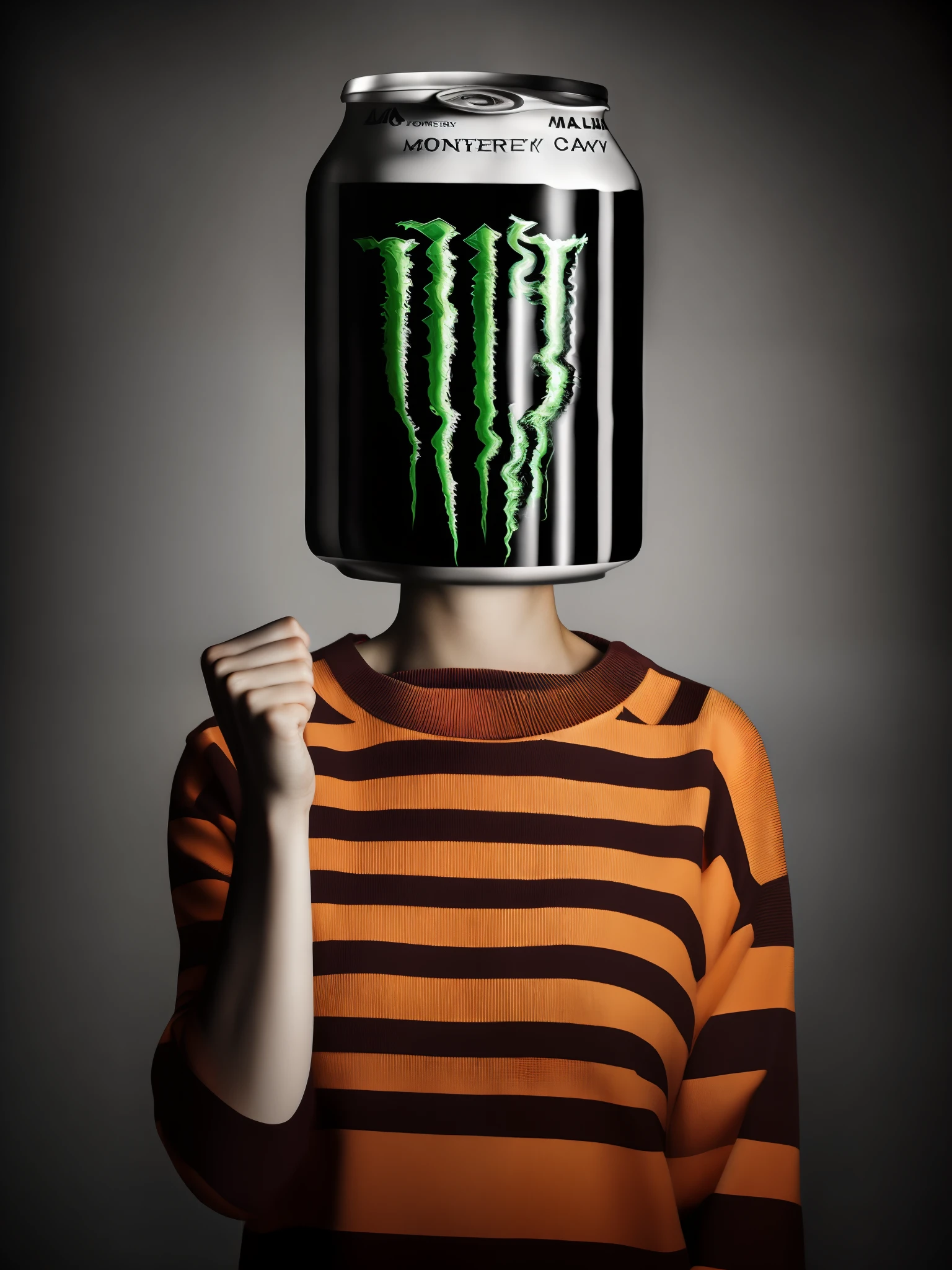 Girl with a can of monster energy drink instead of a head