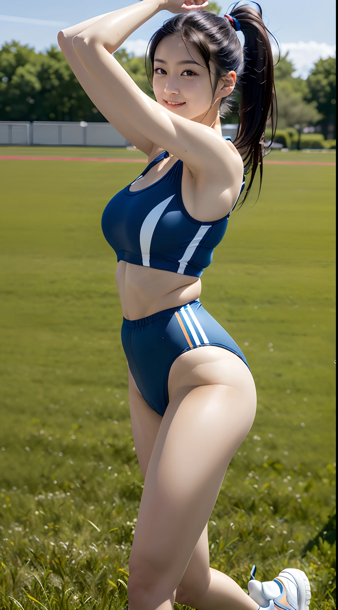 (8K, 超A high resolution, Best Quality, masutepiece:1.2),(18year old:1.2)、(Look away)、8K、RAW portrait of japanese girl、Photorealsitic、超A high resolution、top-quality、 (quite massive chest、big butts、Toned buttocks:1.2)(toru & Field Athlete、High Leg Racing Bloomers:1.35)、(Running on the high school field:1.2) BREAK (Natural Skin Texture、Detailed skin、Hyper-Realism、ultra sharpness)、intricate detailes、depth of fields、Show the armpits、(Long black hair ponytail、 Nike sneakers:1.1)(Drawing from the side、Sprint、Wave your arms:1.25)Run by waving your arms