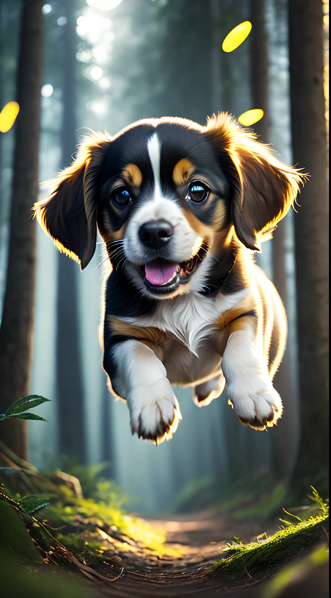 close up photo of a very cute jumping puppy in the forest, soft volumetric lights, (backlit:1.3), (cinematic:1.2), intricate details, (ArtStation:1.3), Rutkowski