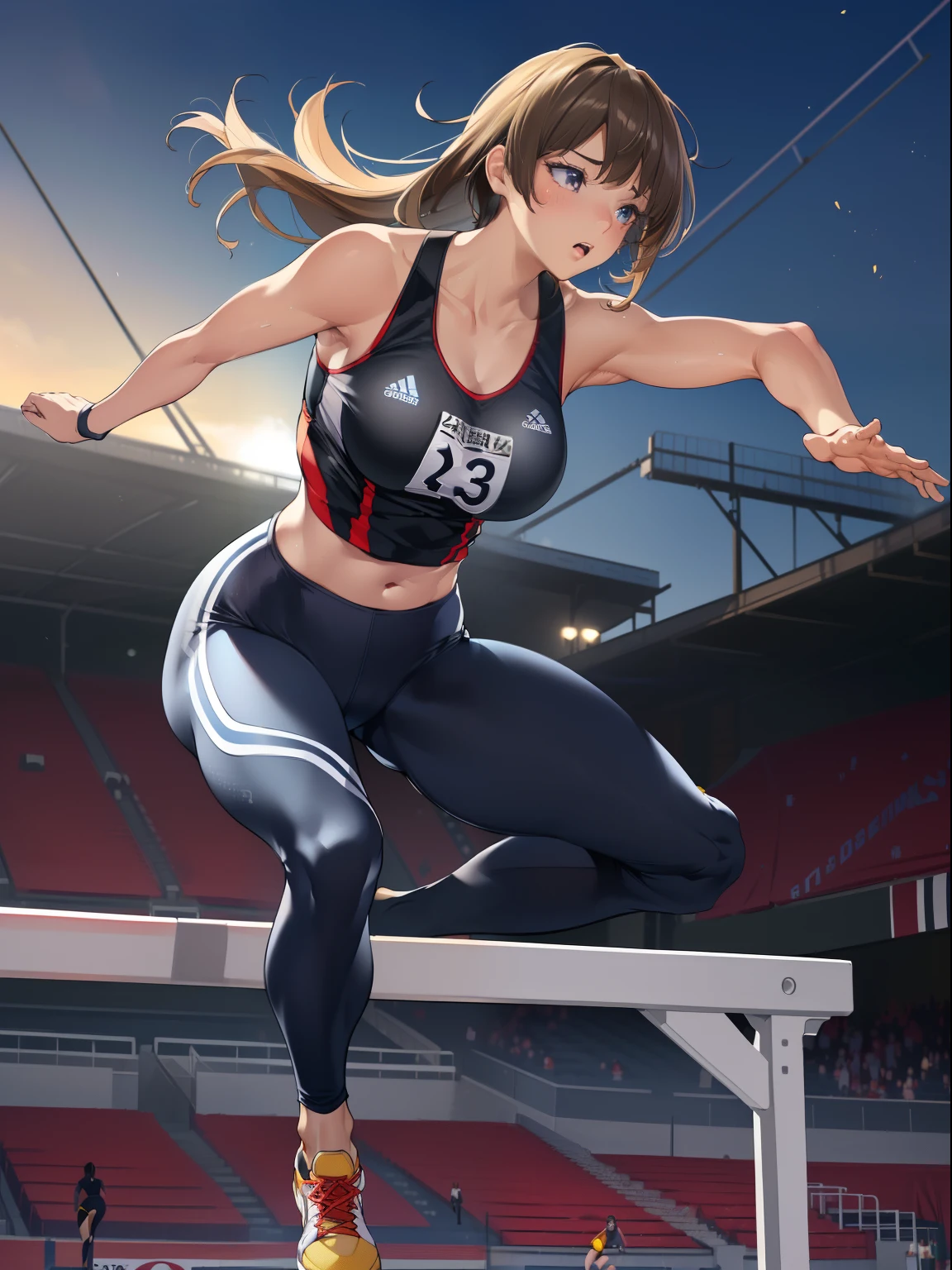 1 girl, (full body:1.5), ((matured woman jumping high over a hurdle toward viewer on a track:1.3, dynamic action pose:1.2, left leg stretching straight and rising up high:1.25, leaning forward, sprint:1.2, athletic competition:1.2)), ((wearing white sports leggings and sports tank tops:1.2)), (fine detailed eyes, super detailed face:1.2, looking away), (ultra high resolution, 8K RAW photo, super realistics, textile shading), outdoor, ((correct anatomy:1.37)), centered image, (shoulder focus:1.2), ((from center of front:1.37)), dynamic angle, from below, blurry background, bokeh,