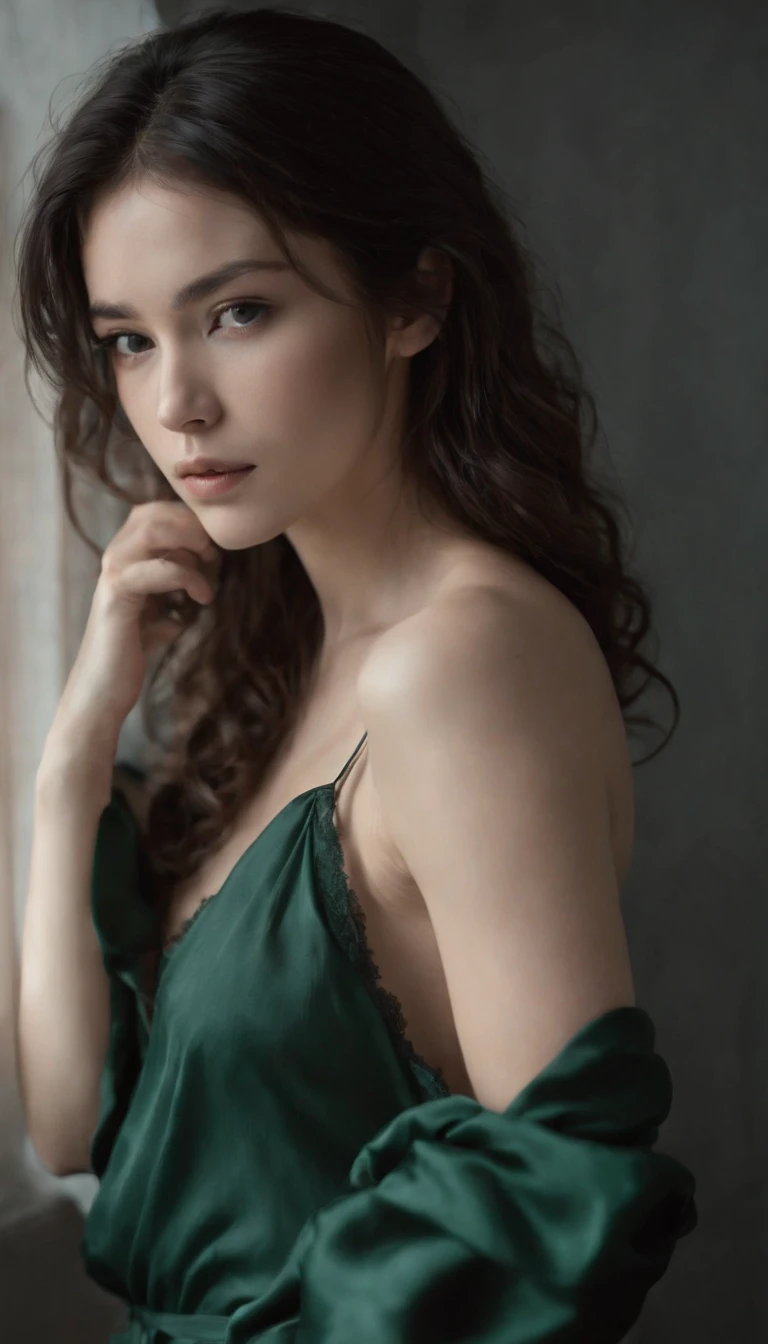 1girl,light and shadow,messy hair,light curly hair,black hair,((drak green tone)), silk nightgown,small breasts,holding own arm,upper body,half face in the dark,black and white theme,professional photography photos,strong chioscuro contrast,fashion magazine cover,melancholy tone,expressionless,contempt,dark bedroom,against wall,shaded_face,disgust,dynamic pose,dynamic angle,