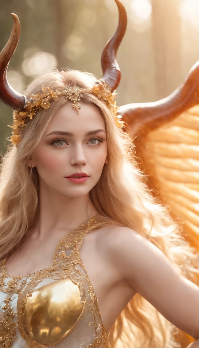 (best quality,4k,8k,highres,masterpiece:1.2),ultra-detailed,(realistic,photorealistic,photo-realistic:1.37), Taurus anthropomorphic Angel:1.7, (Ox horn:1.3), medium shot, glowing light eyes, golden hair, Golden crystal glass material, royal flash noble, sacred, Very bright colors,Light particles, with light glowing,Mshiff,wallpaper art,UHD wallpaper, (Paired with Canon EF 35mm F/1.4L II USM lens for versatile compositions:1.2)