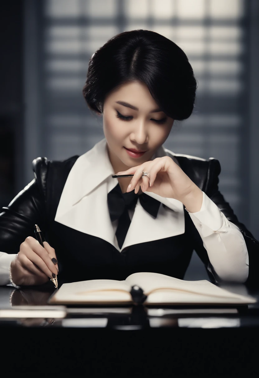 Wearing black leather gloves in both hands, upper body, black business suit, facing the desk in the modern study in the dark, looking down, smiling, writing a letter using a fountain pen, long, straight black hair, young and cute face Japanese female new employee (black leather gloves cover both hands)