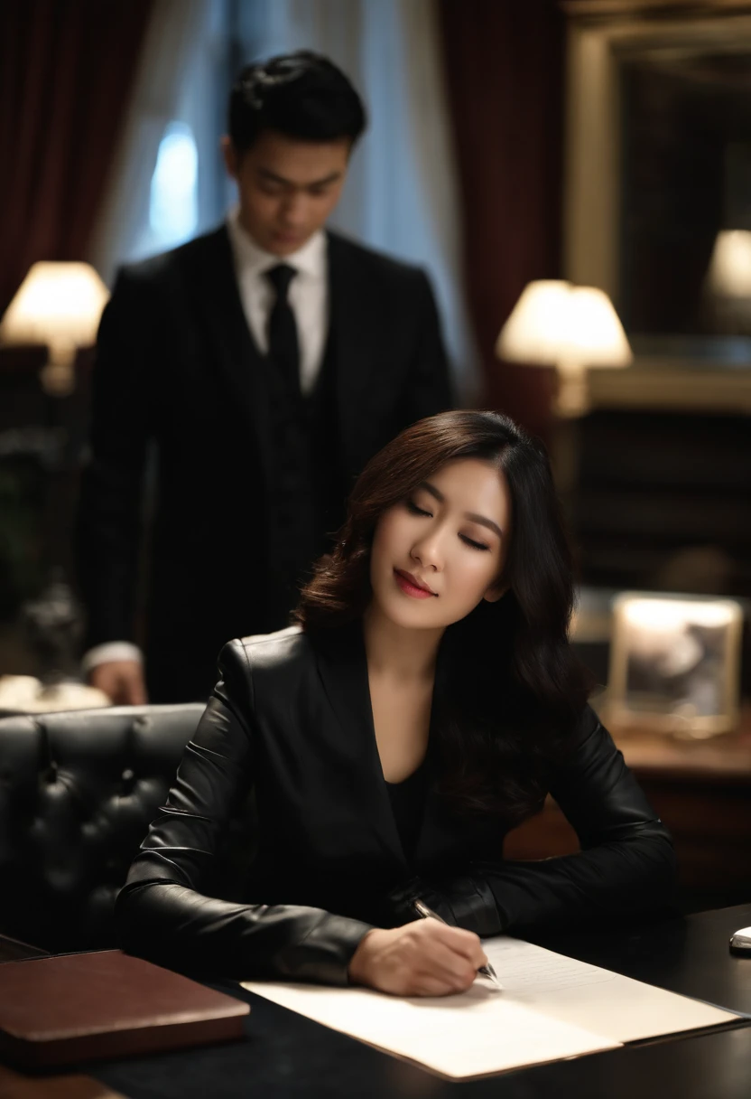 Wearing black leather gloves in both hands, upper body, black business suit, facing the desk in the modern study in the dark, looking down, smiling, writing a letter using a fountain pen, long, straight black hair, young and cute face Japanese female new employee (black leather gloves cover both hands)
