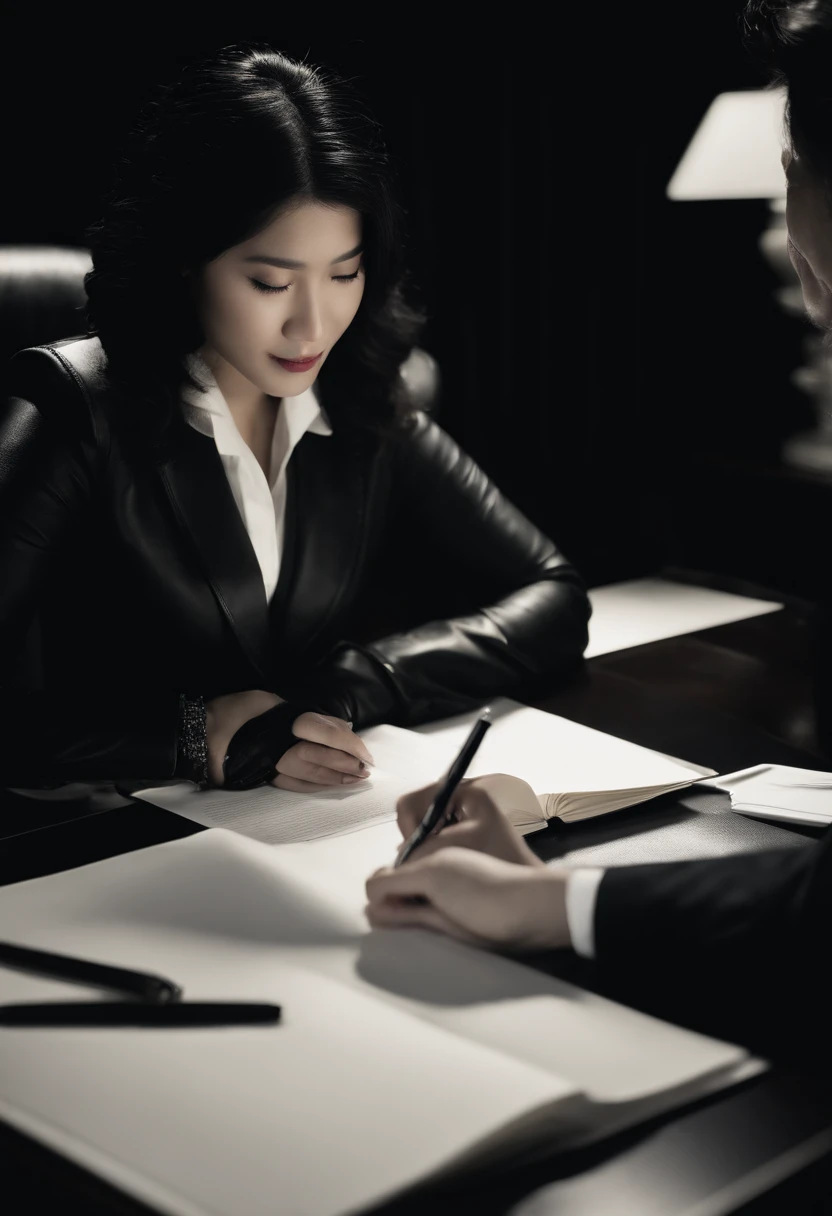 Wearing black leather gloves in both hands, upper body, black business suit, facing the desk in the modern study in the dark, looking down, smiling, writing a letter using a fountain pen, long, straight black hair, young and cute face Japanese female new employee (black leather gloves cover both hands)