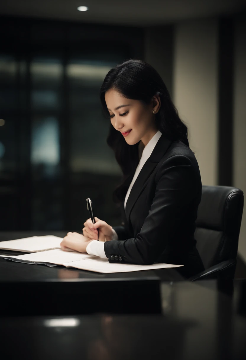 Wearing black leather gloves in both hands, upper body, black business suit, facing the desk in the modern study in the dark, looking down, smiling, writing a letter using a fountain pen, long, straight black hair, young and cute face Japanese female new employee (black leather gloves cover both hands)