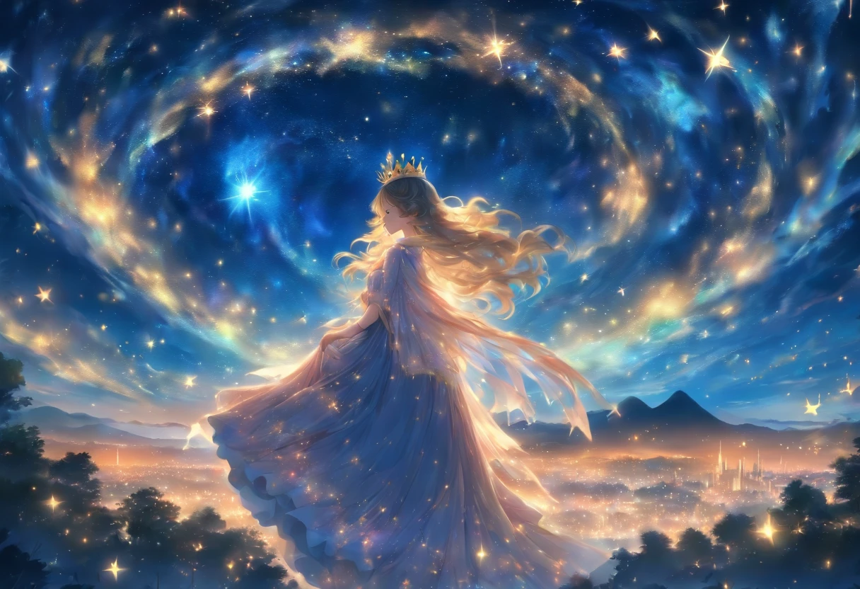 landscape, A queen in a dress made of a veil of starry night、Dragging her extraordinarily long hem、Crossing the Earth Below. While she walks, Starry night falls on her path. Starry Night Fantasy. Perfect beautiful face, Perfect hands, Fantasy Art, landscape,