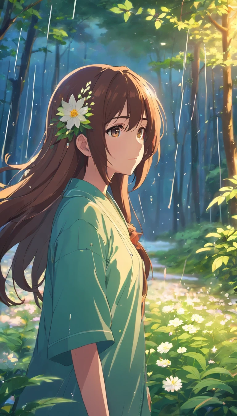 anime girl with long hair and flower in her hair, Beautiful anime artwork, style of anime4 K, Anime art wallpaper 4k,rainy days，janelas，the woods，rain drops