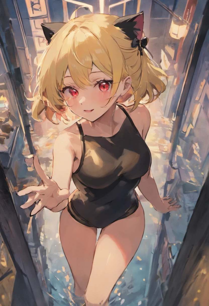 masterpiece, 1girl, red eyes, blonde hair, short bob cut, black cat ears, black cat tail, young, ager, cute, 16 yund chin, perfect hands, nice hands, medium breasts, white skin, flawless, slim body, (yellow tank tops:1.2), (white dolphin shorts:1.2), beautiful features, smiling cutely, full body, cleavage