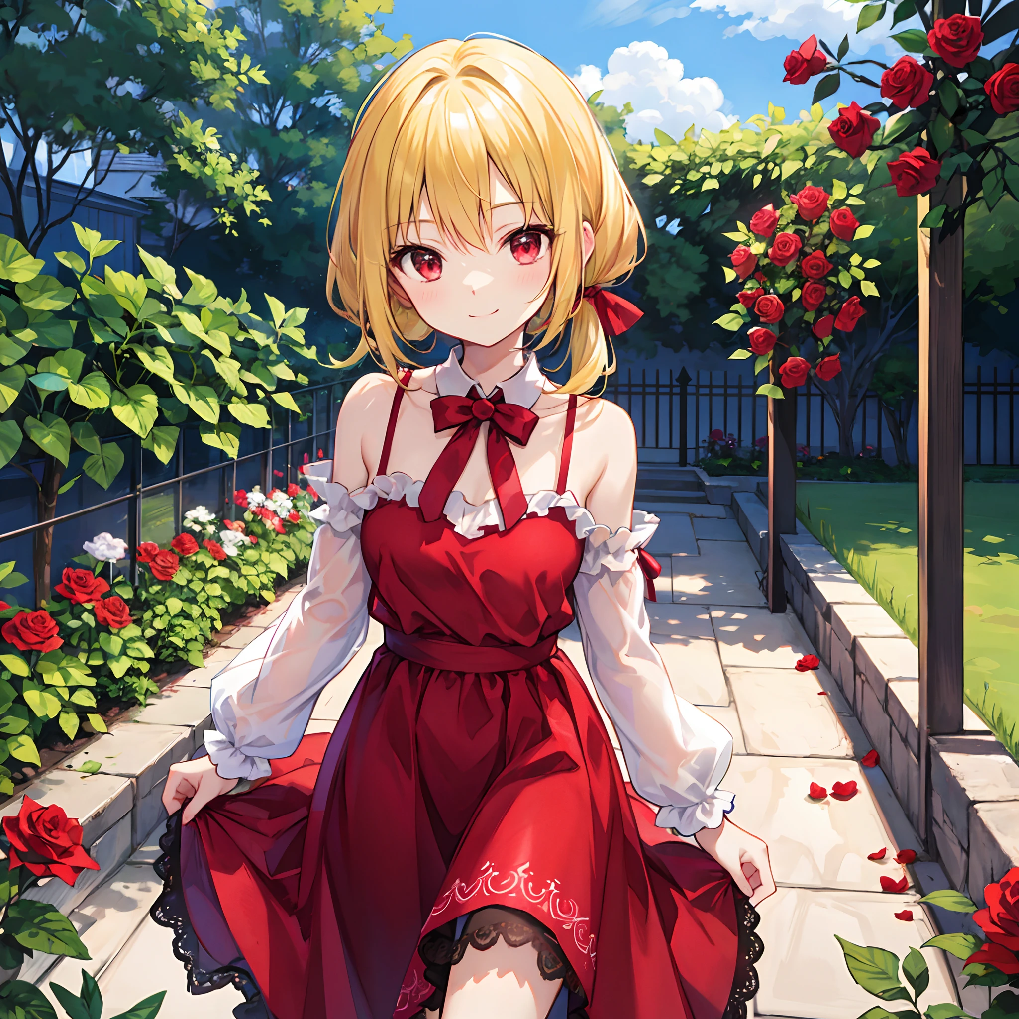 poneyTail、a blond、red eyes、Beautiful girl alone、Red dress、rose garden、suns、a smile