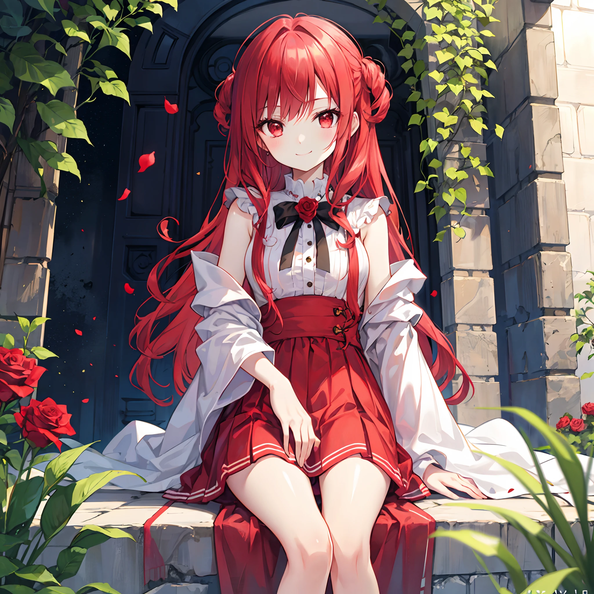 Wavy red hair、red eyes、Beautiful girl alone、robe blanche、sitting on、A smile、rose garden