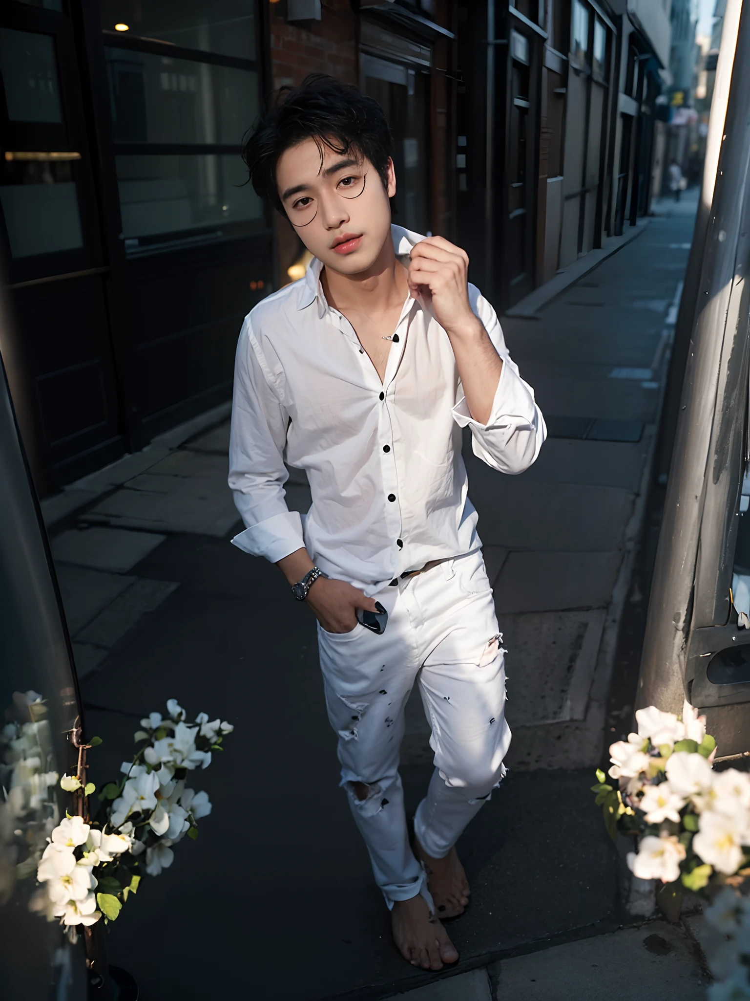 (((Handsom boy))), chubby face, natural skin, wearing white shirt ,black shut and black formal paint,  black hair, city streets background, bokeh