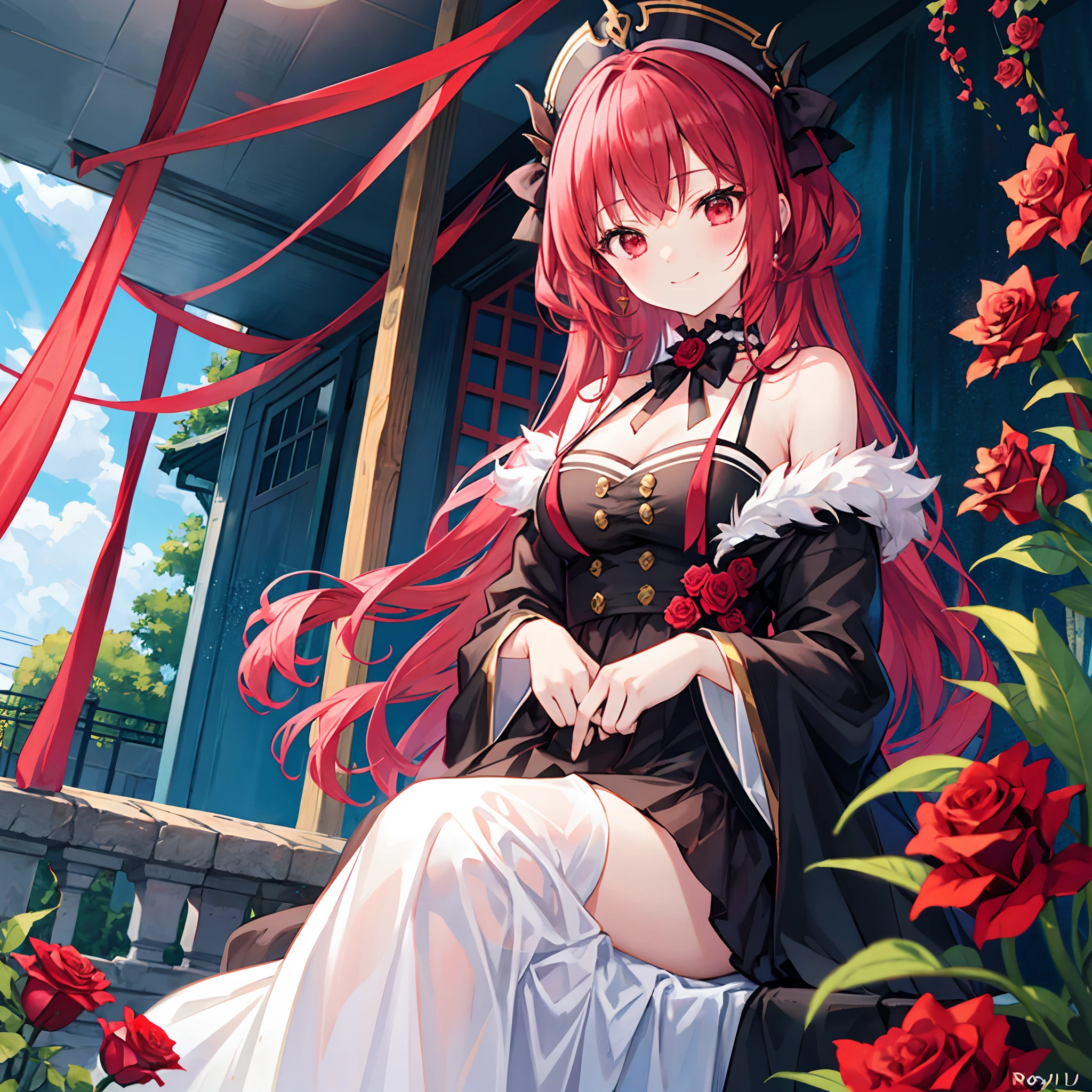 Wavy red hair、red eyes、Beautiful girl alone、robe blanche、sitting on、A smile、rose garden