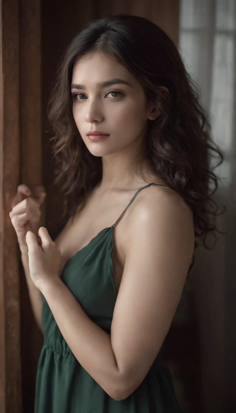 1girl,light and shadow,messy hair,light curly hair,black hair,((drak green tone)), silk nightgown,small breasts,holding own arm,upper body,half face in the dark,black and white theme,professional photography photos,strong chioscuro contrast,fashion magazine cover,melancholy tone,expressionless,contempt,dark bedroom,against wall,shaded_face,disgust,dynamic pose,dynamic angle,