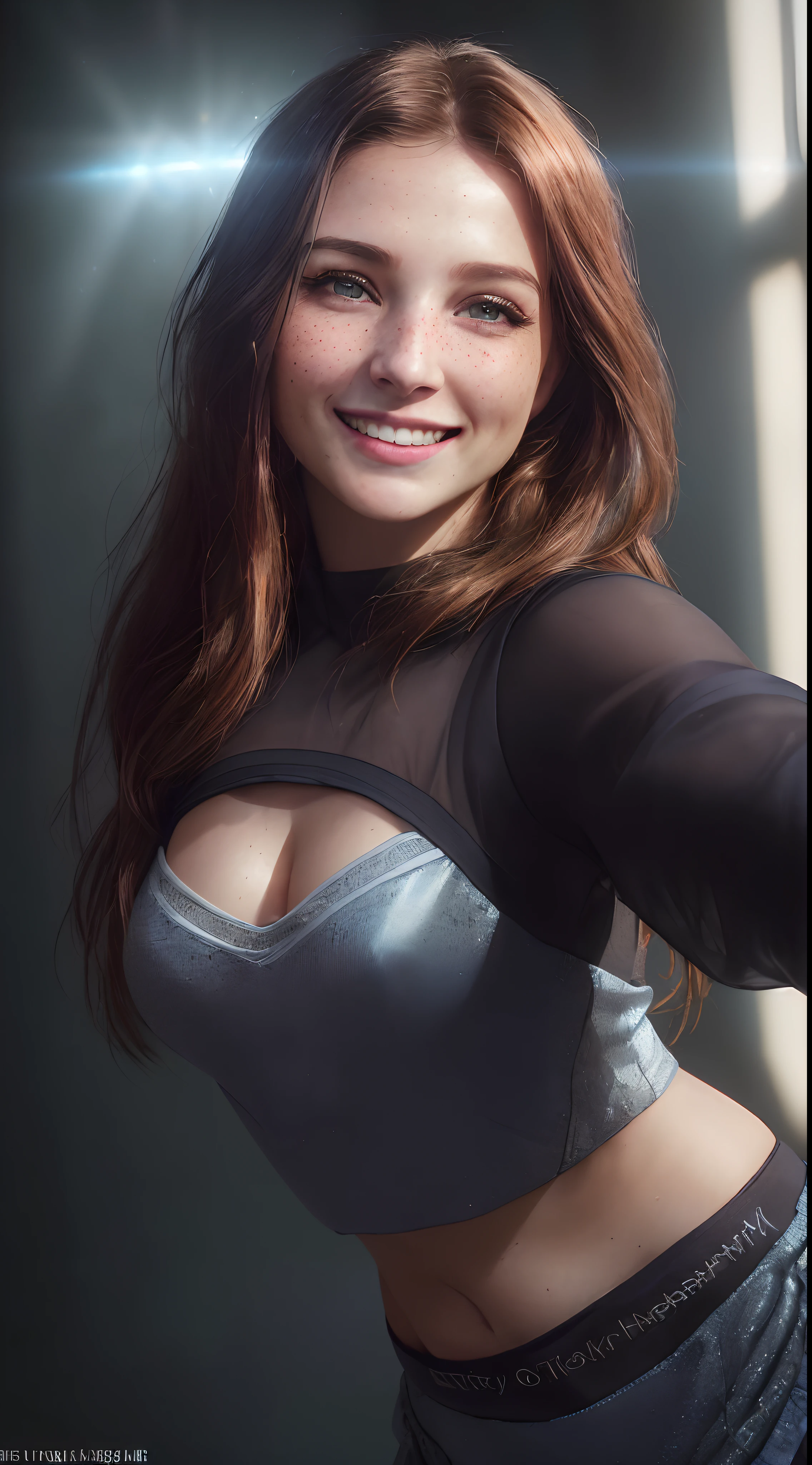 analog style, model shoot style, ((upper-body:1.4)) (taking selfies:1.5) de (( girl:1.5, whitedress)), (1girl, young girl), (redhead girl, freckles, Long hair), ((Smile, beatiful face: 1.8, a perfect face:1.5)),
(shiny body, Smile), ((pretty face: 1.7, a perfect face:1.7)), (Best Quality:1.5, A hyper-realistic:1.5, Photorealistic:1.4, Безумно детализированные CG unity 8k обои:1.5, Masterpiece:1.3, Madly detailed photo:1.2),
(hyper-realistic realistic texture:1.4, Realistic eyes:1.2), (Octane Render, Unreal Engine 5), (ecstasy of light and shadow:1.5, deep shadow:1.5), (Sony A7, 50 mm, Film grain:1.5, 4K UHD HDR),
(Photo by Lee Jeffreys, Greg Rutkowski and Magali Villanueva)