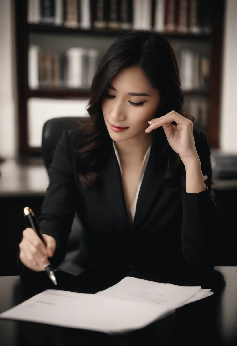 Wearing black leather gloves in both hands, upper body, black business suit, facing the desk in the modern study in the dark, looking down, smiling, writing a letter using a fountain pen, long, straight black hair, young and cute face Japanese female new employee (black leather gloves cover both hands)