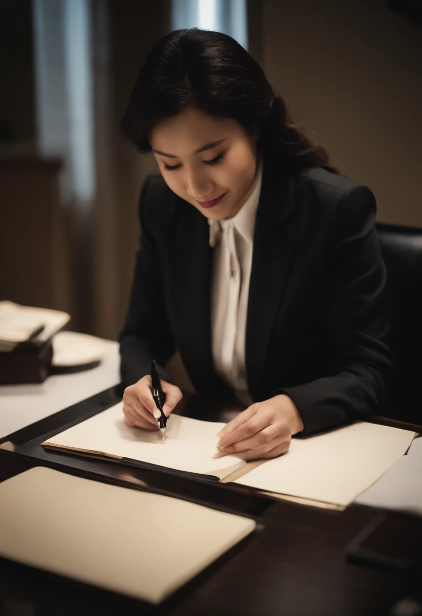 Wearing black leather gloves in both hands, upper body, black business suit, facing the desk in the modern study in the dark, looking down, smiling, writing a letter using a fountain pen, long, straight black hair, young and cute face Japanese female new employee (black leather gloves cover both hands)