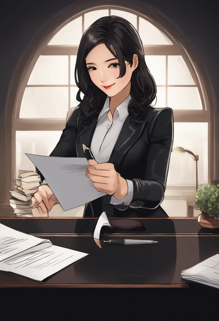 Wearing black leather gloves in both hands, upper body, black business suit, facing the desk in the modern study in the dark, looking down, smiling, writing a letter using a fountain pen, long, straight black hair, young and cute face Japanese female new employee (black leather gloves cover both hands)