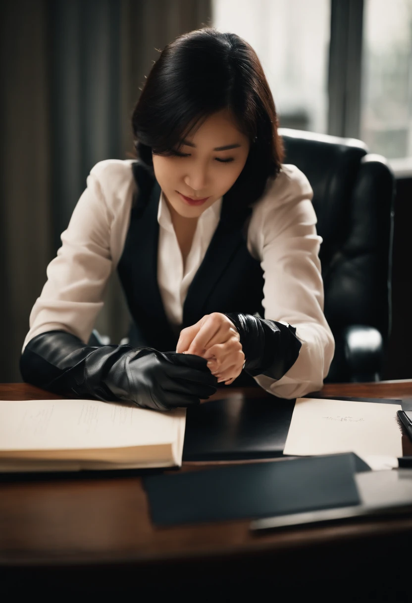 Wearing black leather gloves in both hands, upper body, black business suit, facing the desk in the modern study in the dark, looking down, smiling, writing a letter using a fountain pen, long, straight black hair, young and cute face Japanese female new employee (black leather gloves cover both hands)