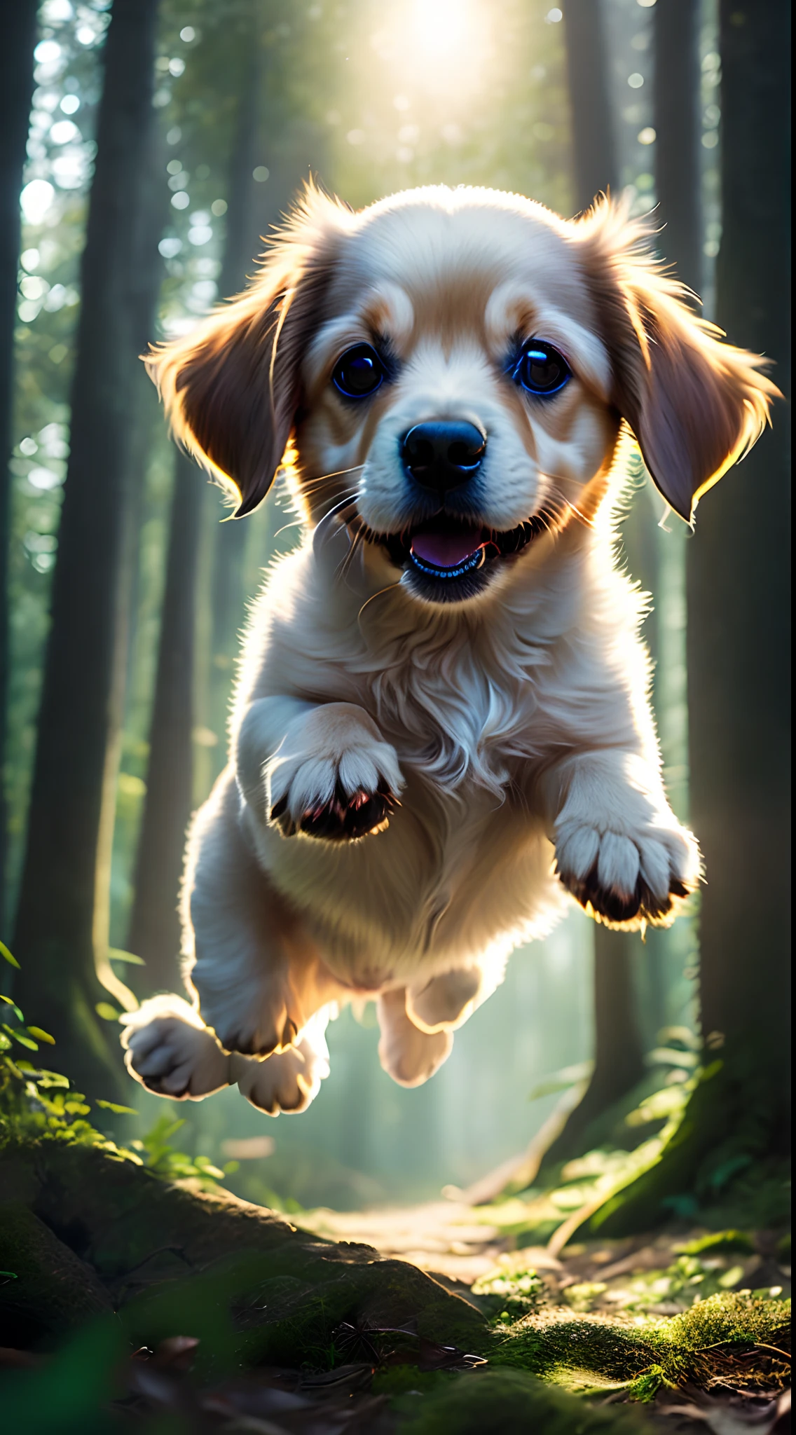 close up photo of a very cute jumping puppy in the forest, soft volumetric lights, (backlit:1.3), (cinematic:1.2), intricate details, (ArtStation:1.3), Rutkowski