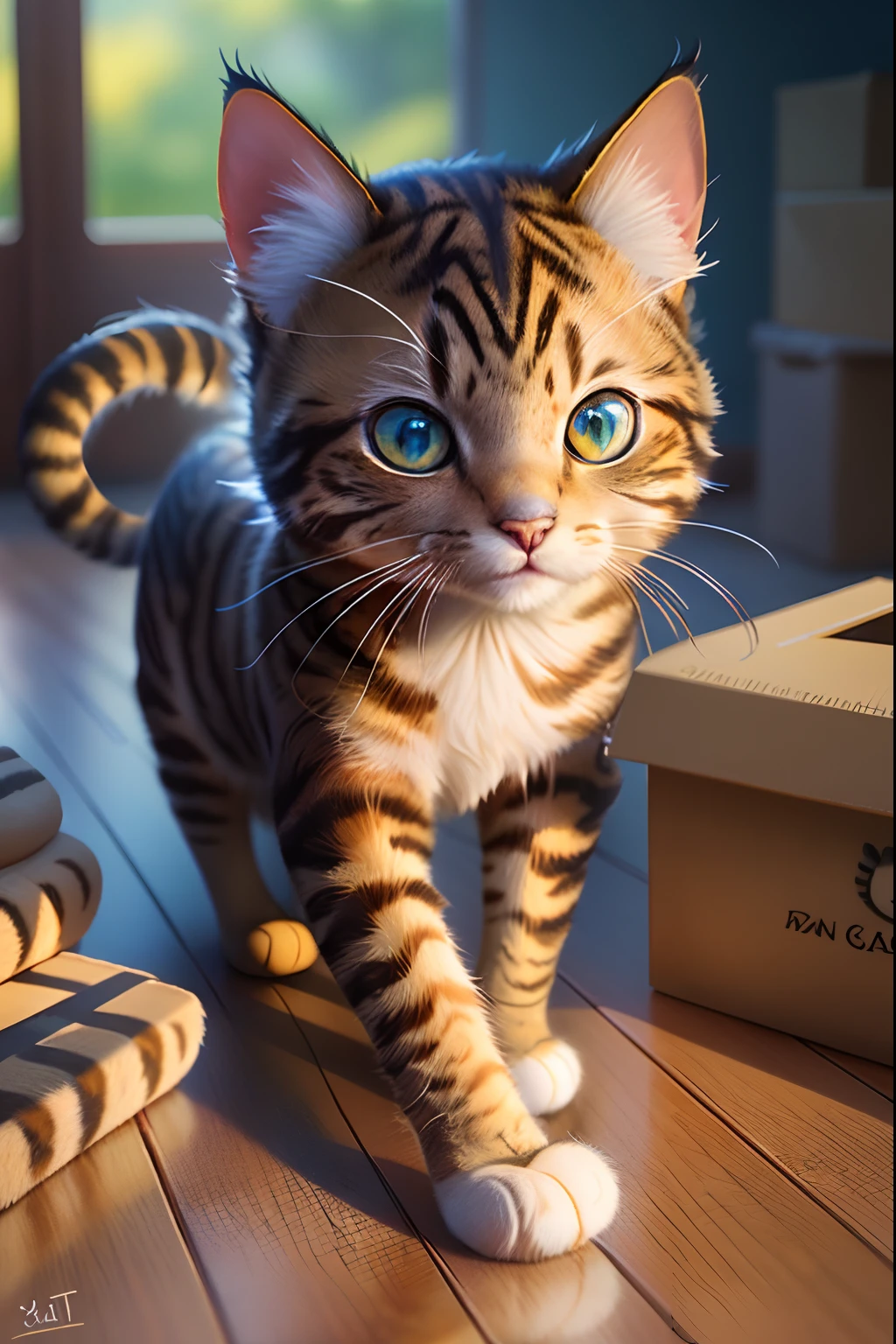 super detailed, extremely detailed, masterpiece, highest quality, best quality, sub surface scattering, (1cat:1.5), (solo:1.4), (cat plush:1.1), （45 degree side view：1.2），Fine fur, fluffy paws, a pair of cat ears, blue cat eyes，Cardboard box full of toys, a teddy bear outside the box, some toys scattered on the ground，Game art, Disney, DreamWorks, animated films, realism, real light and shadow, rich colors, bright and light atmosphere,