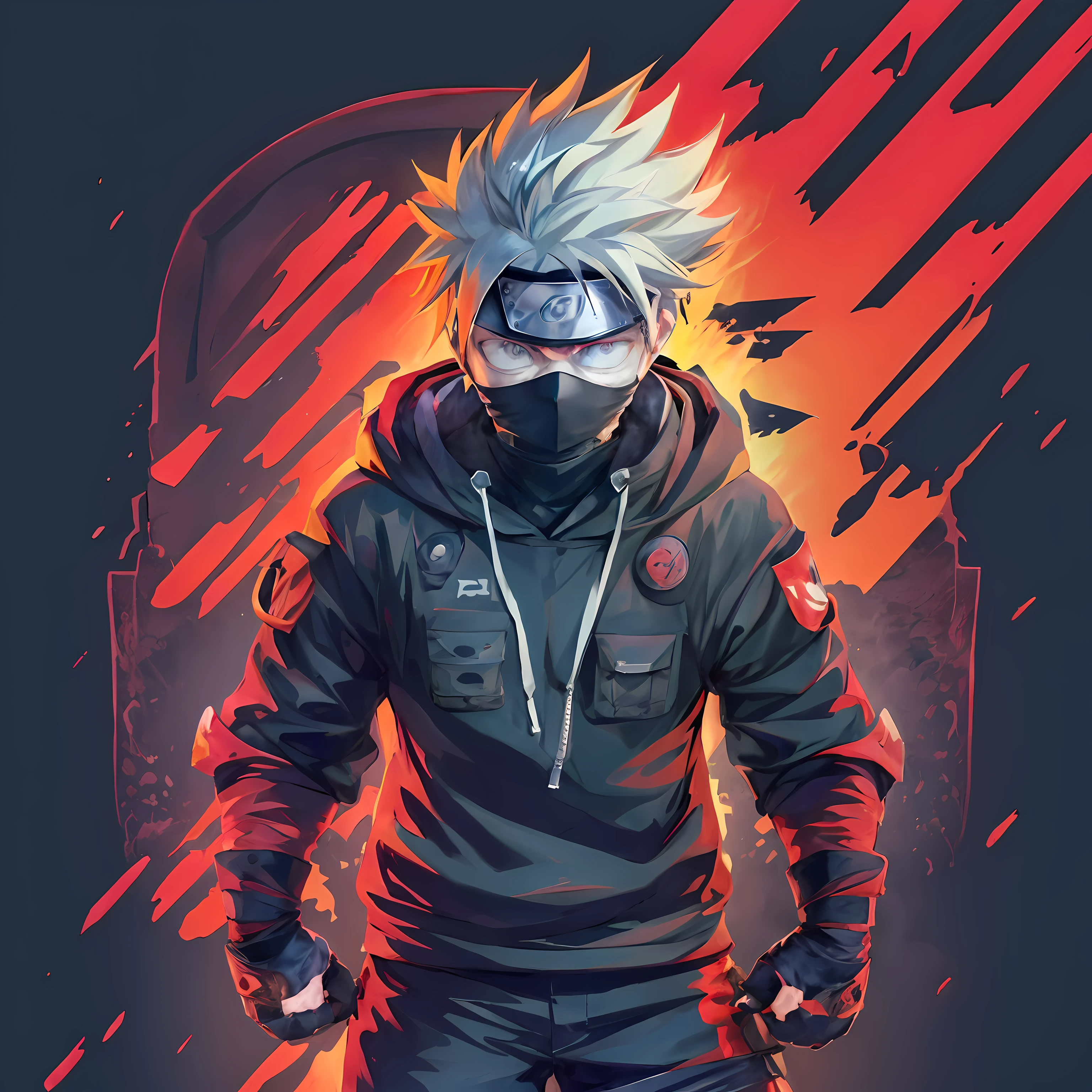 a man in a hoodie and a mask stands in front of a red background, badass anime 8 k, anime style 4 k, kakashi hatake, naruto artstyle, kakashi, anime wallpaper 4k, anime wallpaper 4 k, anime art wallpaper 8 k, anime art wallpaper 4 k, anime art wallpaper 4k, 4k anime wallpaper