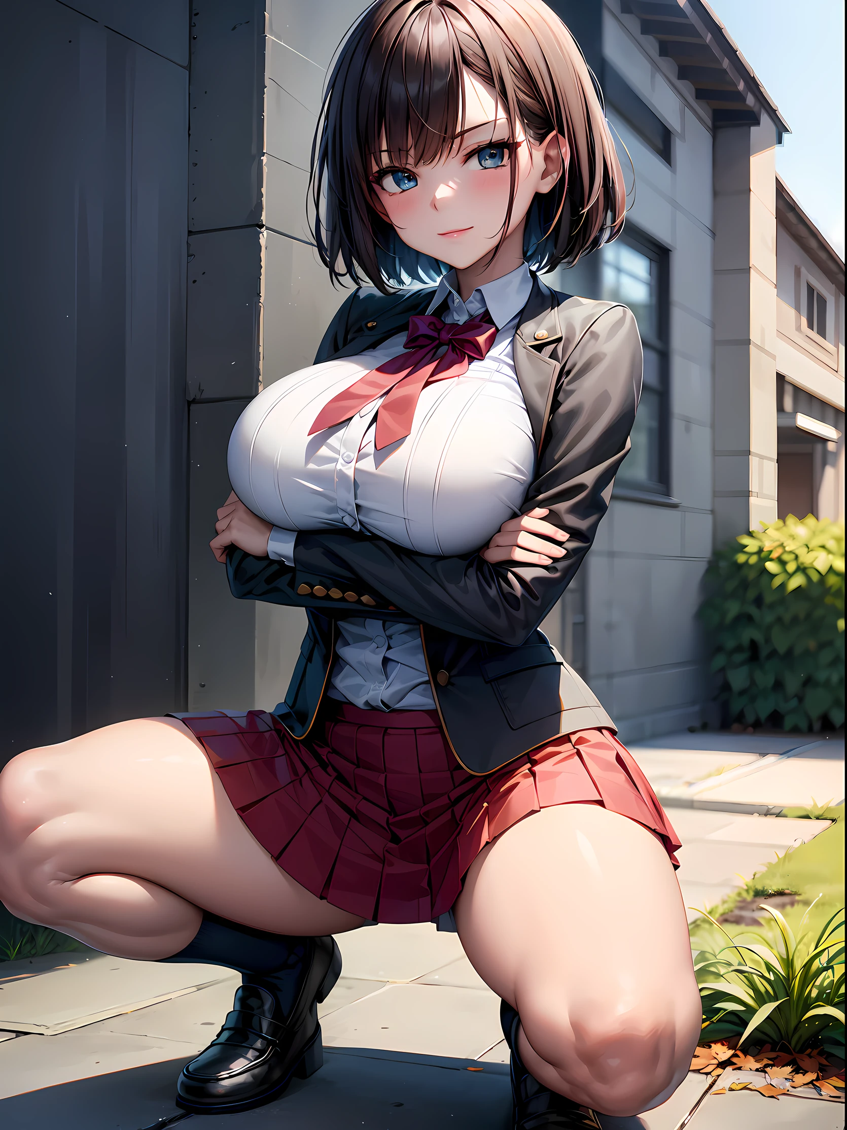 ((masterpiece)), ((Best Quality)), (ultra-detailed), ((extremely detailed)), 4K, (8K), best quality, top-quality, anime style, 1girl, solo, The most detailed skin, (bold lines:1.2), cowboy shot, squatting, (crossed arms:1.3), leaning forward, //, School uniform-based, with a slightly short skirt with many frills, an open-necked jacket design. Accents with ribbons and brooches. High socks and loafers, //, (large breasts), (Slender legs), breasts falling aside, Perfect eyes, Perfect iris, //, (sexual expression:1.2), smirk, blush//, Short hair with a slight wave hair style, Deep blue hair color, (beautiful eyes), //, Behind an old school building, a place with old trees and fallen leaves