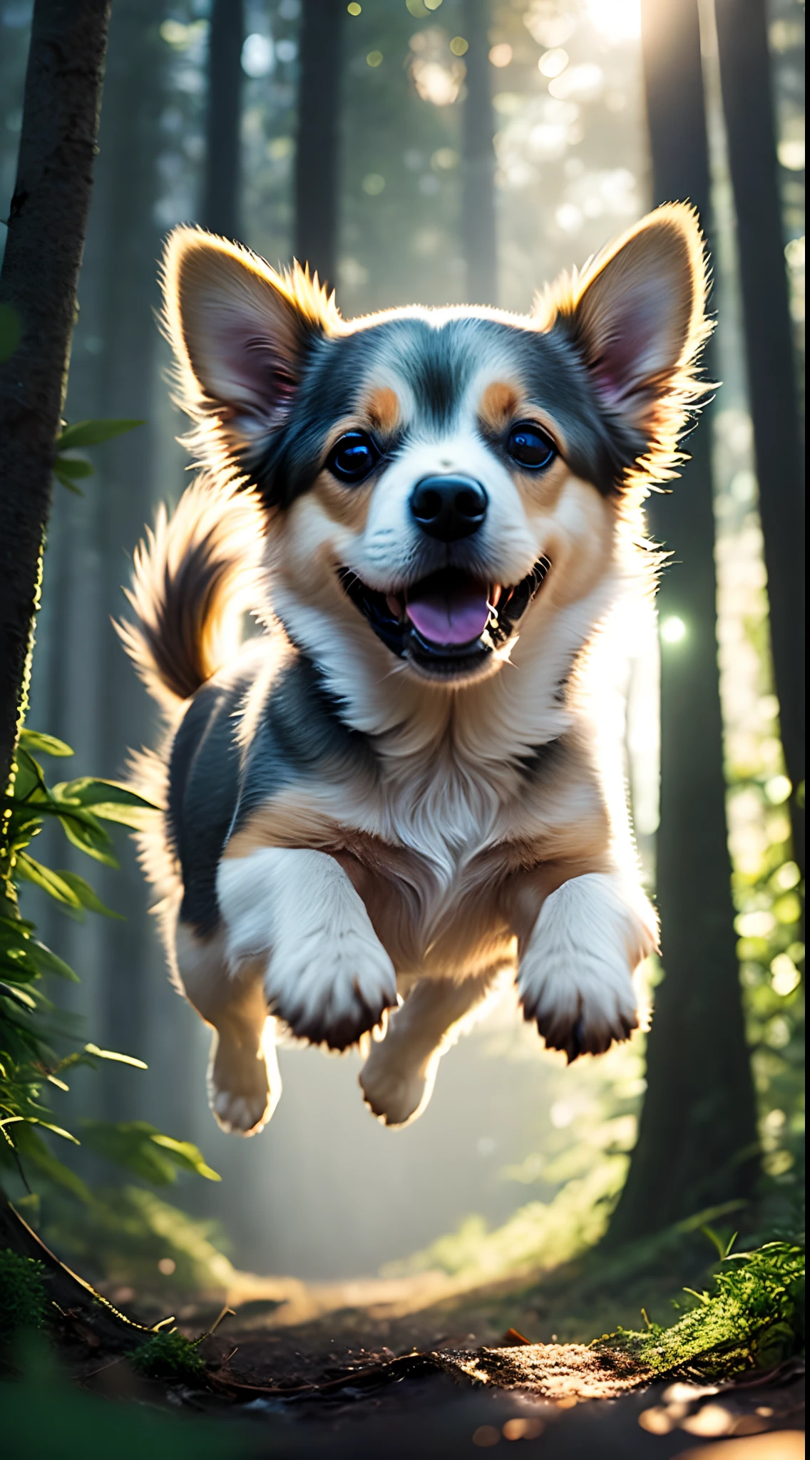 Close-up of a very cute jumping puppy in the forest, soft volumetric light, (backlight: 1.3), (movie: 1.2), intricate details, (ArtStation: 1.3), Rutkowski