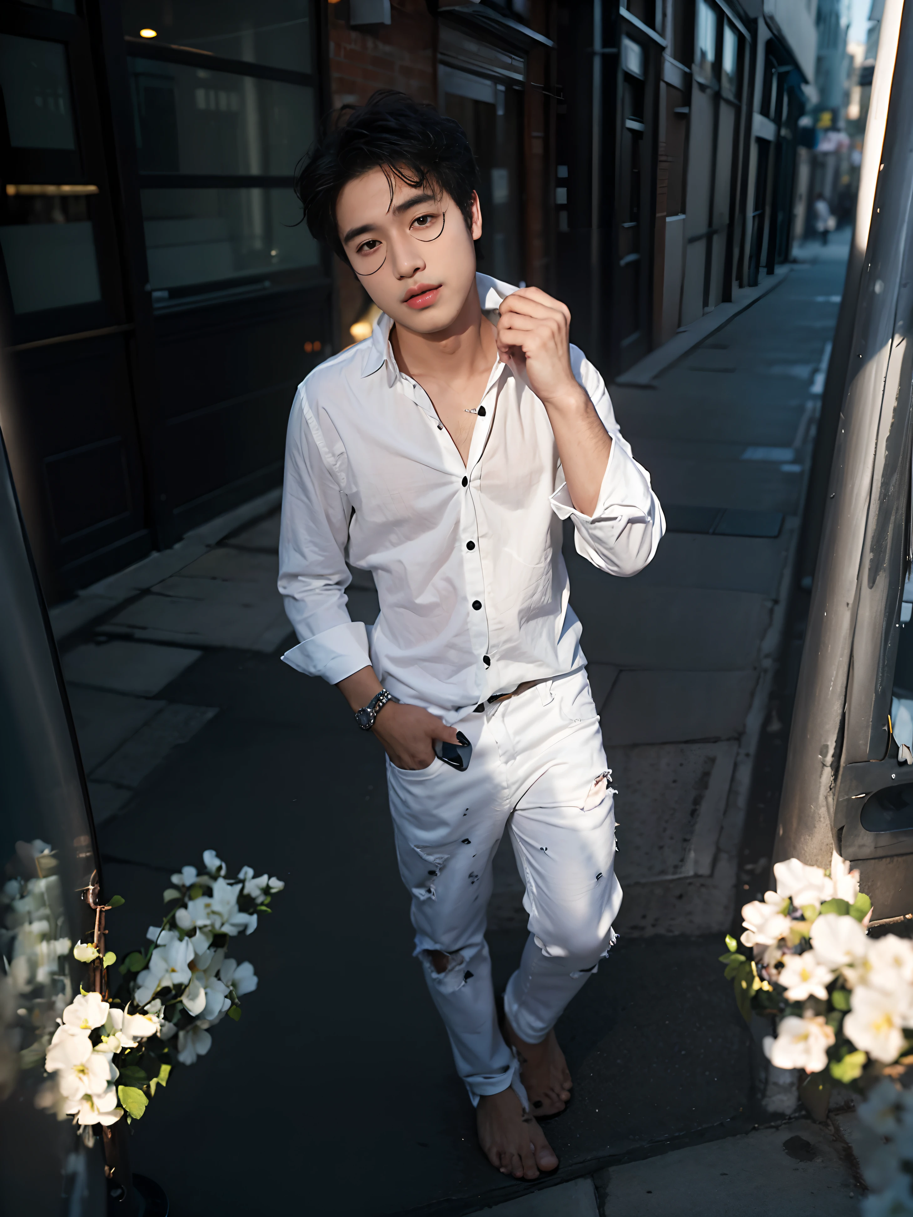 (((Handsom boy))), chubby face, natural skin, wearing white shirt ,black shut and black formal paint, black hair, city streets background, bokeh