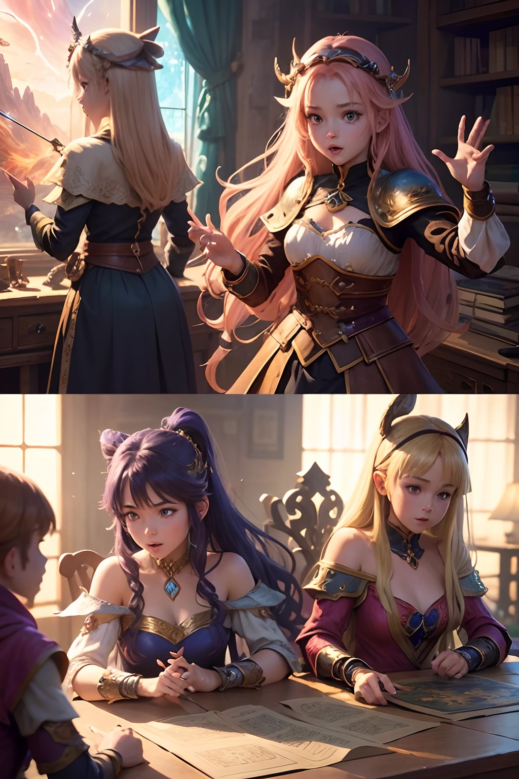 anime style, 4  playing a D&D style board game
(best quality,4k,8k,highres,masterpiece:1.2),ultra-detailed,(realistic,photorealistic,photo-realistic:1.37),vivid colors,(portraits:1.1),(concept artists:1.1),bright colors,dynamic lighting,imaginative composition,whimsical characters,happy atmosphere,fantasy setting,exciting poses,magical creatures,unique character designs,detailed backgrounds,beautifully illustrated,detailed anime eyes,glossy anime hair,expressive facial expressions,wonderful costumes,colorful dice,elaborate board game,old dusty wooden table,tattered rulebook,fantasy miniatures,rolling dice,animated game actions,engaging storytelling,enchanted world,excitement and suspense,action-packed scenes,team cooperation and friendship,creativity and imagination,fantasy adventures,bright and enchanting illustrations,depth and richness in colors,intricate details in the game pieces,imaginative character backstories,joyful and energetic movements,sparkling spell effects,comic book style speech bubbles,magical aura surrounding the game,sparkling gems and treasures,dynamic camera angles,shadows and highlights,exaggerated proportions,positive and optimistic tone,surrounded by fantasy landscapes,enthusiastic expressions and gestures,action figures and figurines,illustrations with a touch of whimsy,colorful fantasy maps,floating islands and magical floating objects,mystical creatures and legendary beasts,fantastic armor and weapons,playful magical creatures,emotions and camaraderie in the characters' interactions,enchanted forest and mysterious caves,animated magic spells and special abilities,heroes and heroines in epic battles and quests,unique character classes and abilities,excitement and anticipation for the game’s outcome,immersive storytelling through visual cues.