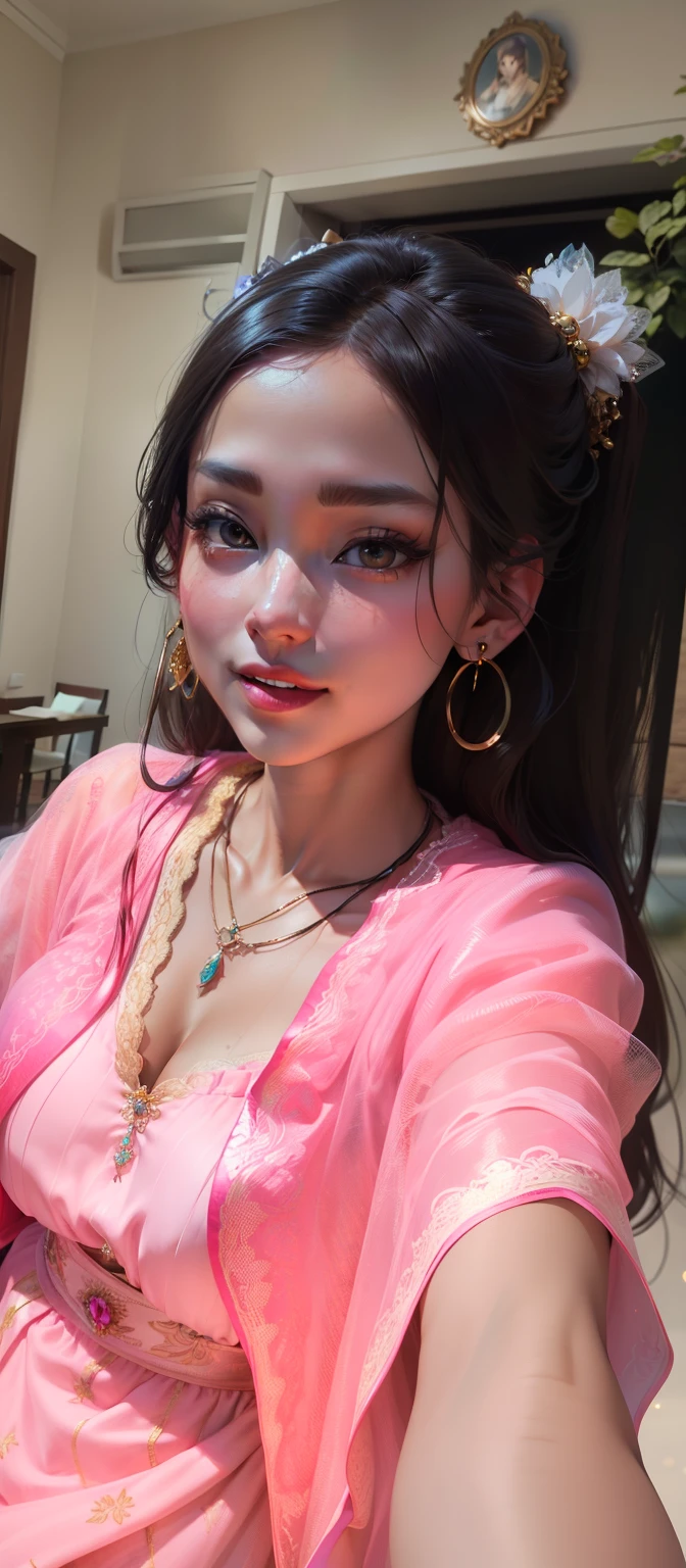 best quality, masterpiece, highres, 1girl, transparent silk china dress, beautiful face, hair ornament, looking at viewer, smile, closed mouth,lips, dress,hair ornament, necklace, jewelry, long hair, earrings, Beautiful face,upon_body, tyndall effect,photorealistic, dark studio, rim lighting, two tone lighting,(high detailed skin:1.2), 8k uhd, dslr, soft lighting, high quality, volumetric lighting, candid, Photograph, high resolution, 4k, 8k, Bokeh