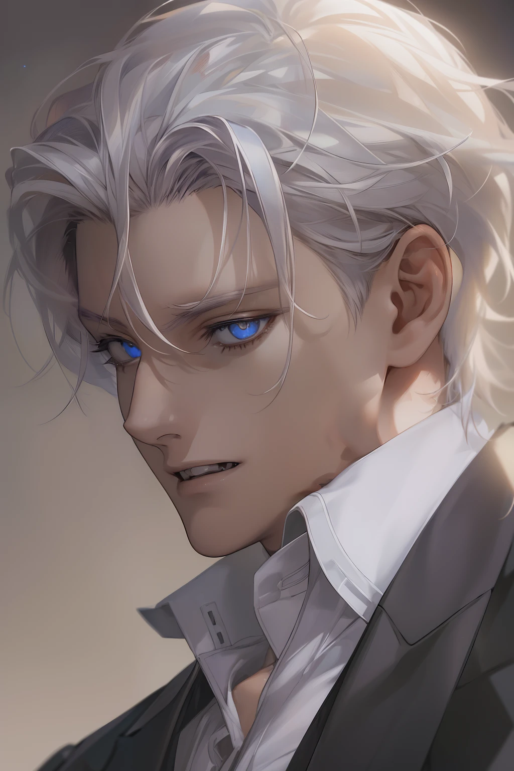 (masuter piece,Best Quality,Ultra-detailed), (A detailed face), 1boy, A young man who left his boyhood behind,(front-facing view),(Photorealsitic:1.2),(side lights,Beautiful Eyes of Details:1.2),white colored hair,Face focus,Business suit,jacket,whiteshirt,Vampires