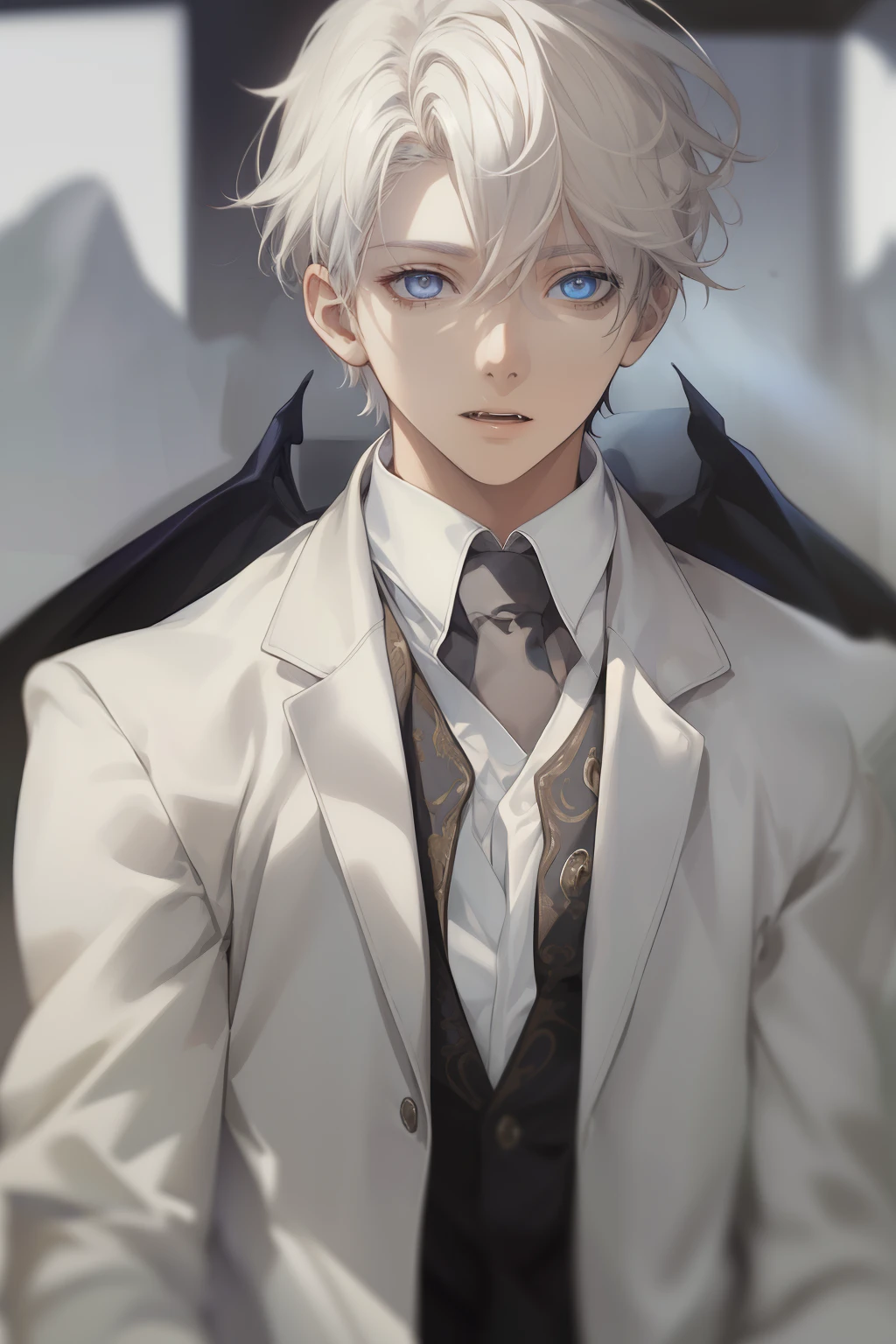 (masuter piece,Best Quality,Ultra-detailed), (A detailed face), 1boy, A young man who left his boyhood behind,(front-facing view),(Photorealsitic:1.2),(side lights,Beautiful Eyes of Details:1.2),white colored hair,Face focus,Business suit,jacket,whiteshirt,Vampires