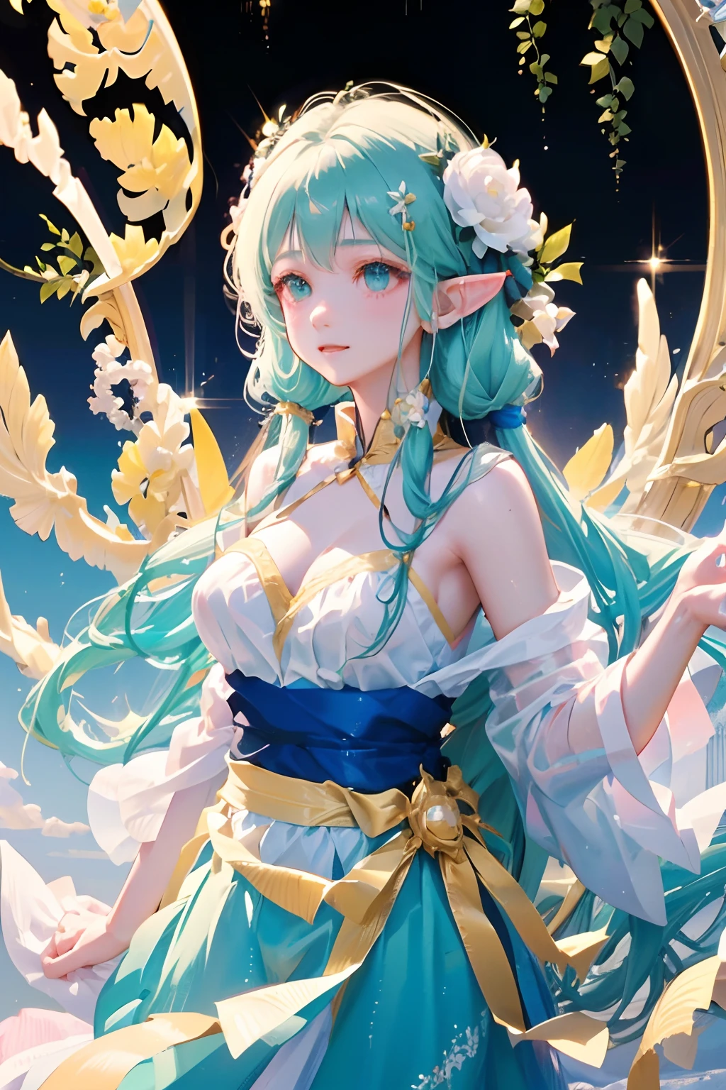 White long hair anime girl wearing white shirt and flower crown, Snow scene，a beautiful anime portrait,tmasterpiece， high high quality， cinematic Film still from， one-girl， Cloud Girl， Clouds， （closeup cleavage： 1.1）， brightly， Colorful， Transparent body，Sparkling，full bodyesbian，long  skirt，green long skirt，Transparent clothes，Elf wings
