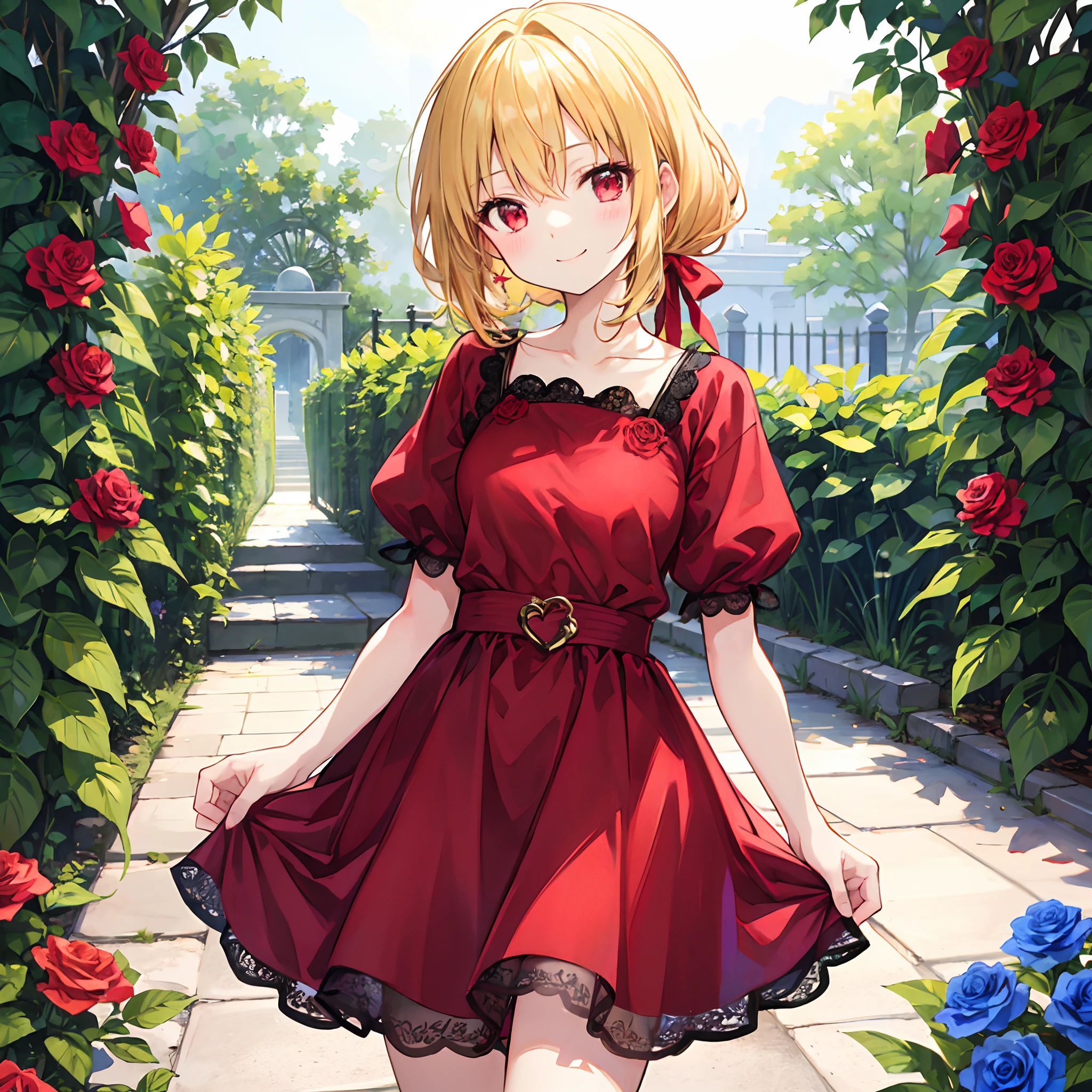 poneyTail、a blond、red eyes、Beautiful girl alone、Red dress、rose garden、suns、a smile