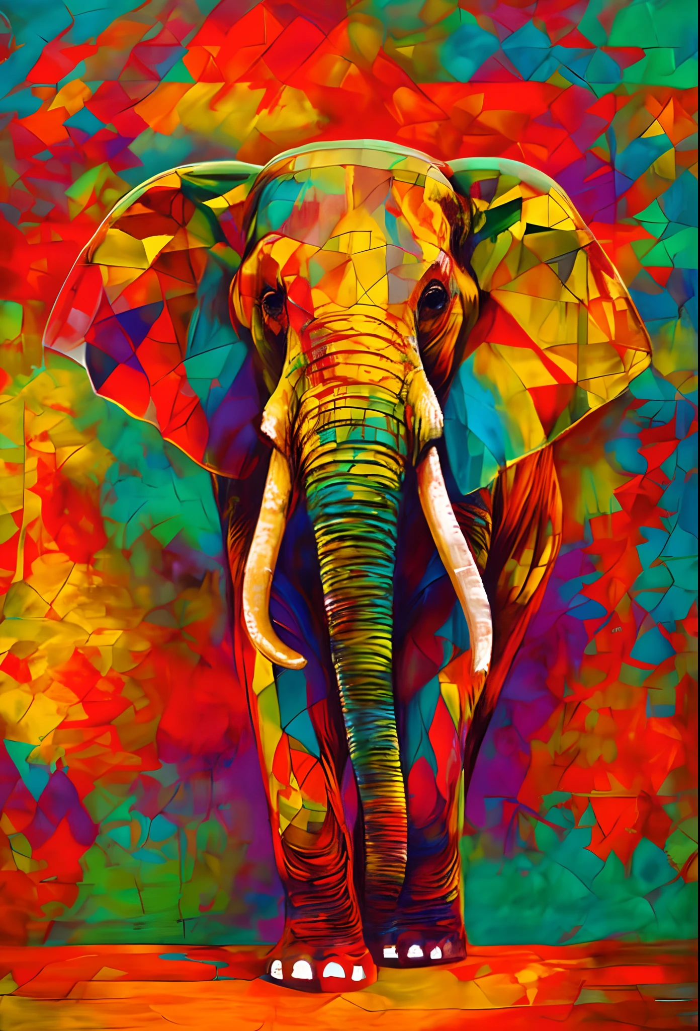 Bright colored elephant standing in front of a colorful background, Arte colorida do elefante, pintura bonita de um alto, elefante, Arte de Alessandro Pautasso, meio elefante, cheio de cores e detalhes ricos, elefante na sala, Directed by: Jakob Gauermann, um elefante, Directed by: Jason Benjamin, Arte poligonal, Bela arte UHD 4K, Directed by: Daniel Taylor
