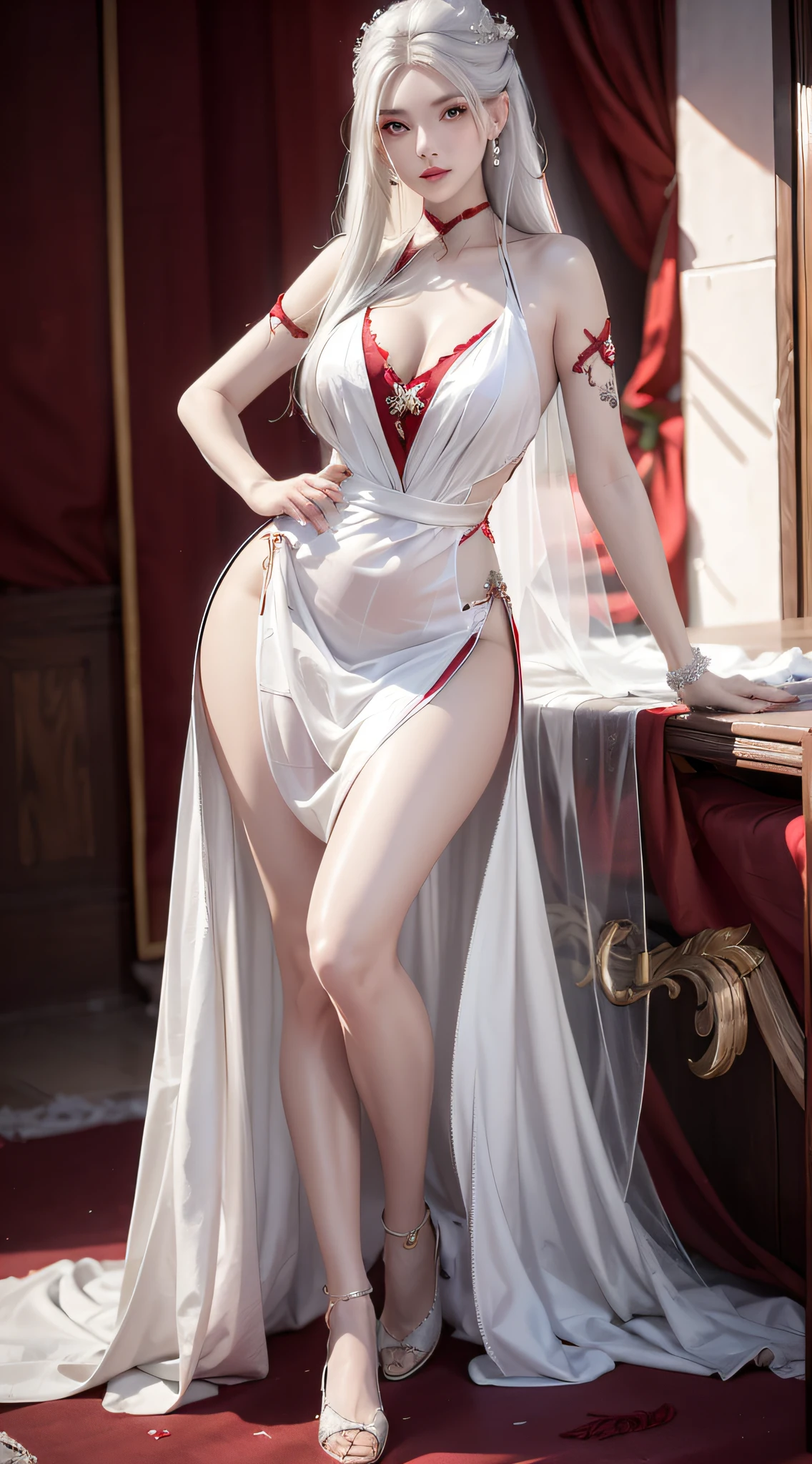 Photorealistic, high resolution, 2 woman, Hips up, Beautiful eyes, White hair, Long hair, ringed eyes, jewelry, tattoo, wedding dress, red dress, china dress, full body