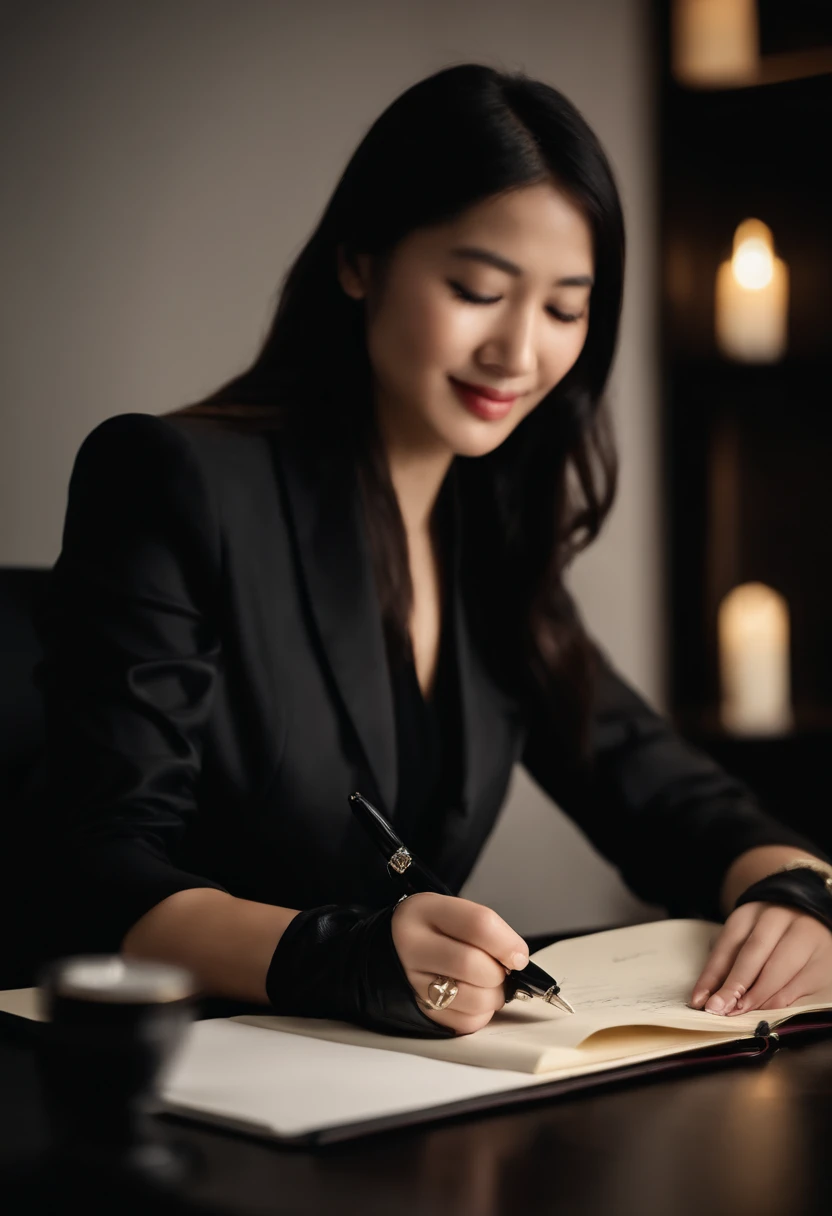 Wearing black leather gloves in both hands, upper body, black business suit, facing the desk in the modern study in the dark, looking down, smiling, writing a letter using a fountain pen, long, straight black hair, young and cute face Japanese female new employee (black leather gloves cover both hands)