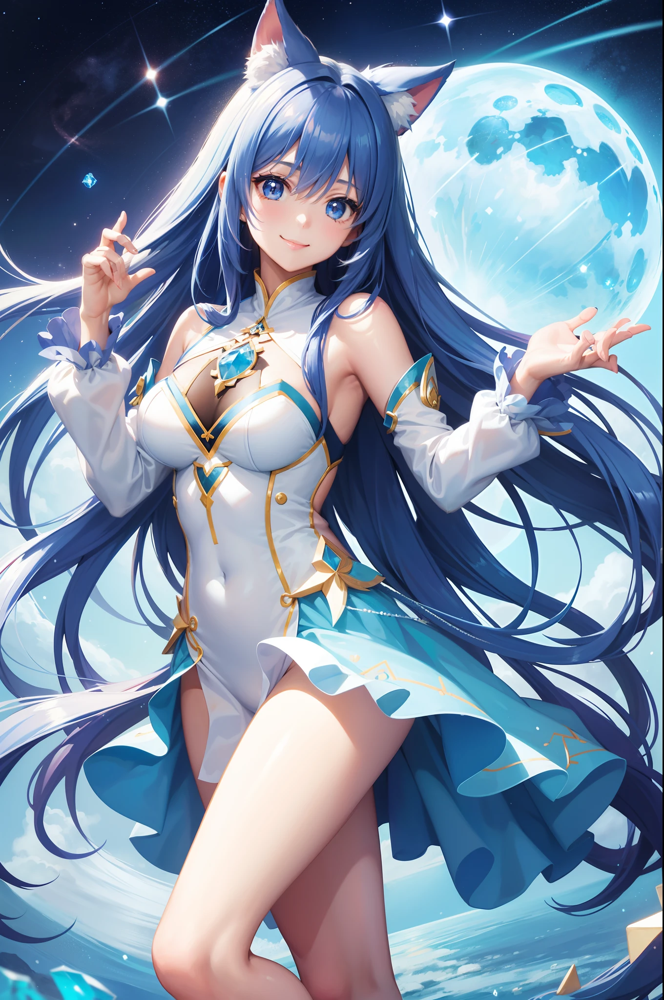 Pretty girl、A charming smile、Blue Long Hair、Twin-tailed、Engaging pose、Blue and white costume、Fantasia、Crystal jade、constellation、a moon、Fantastic background