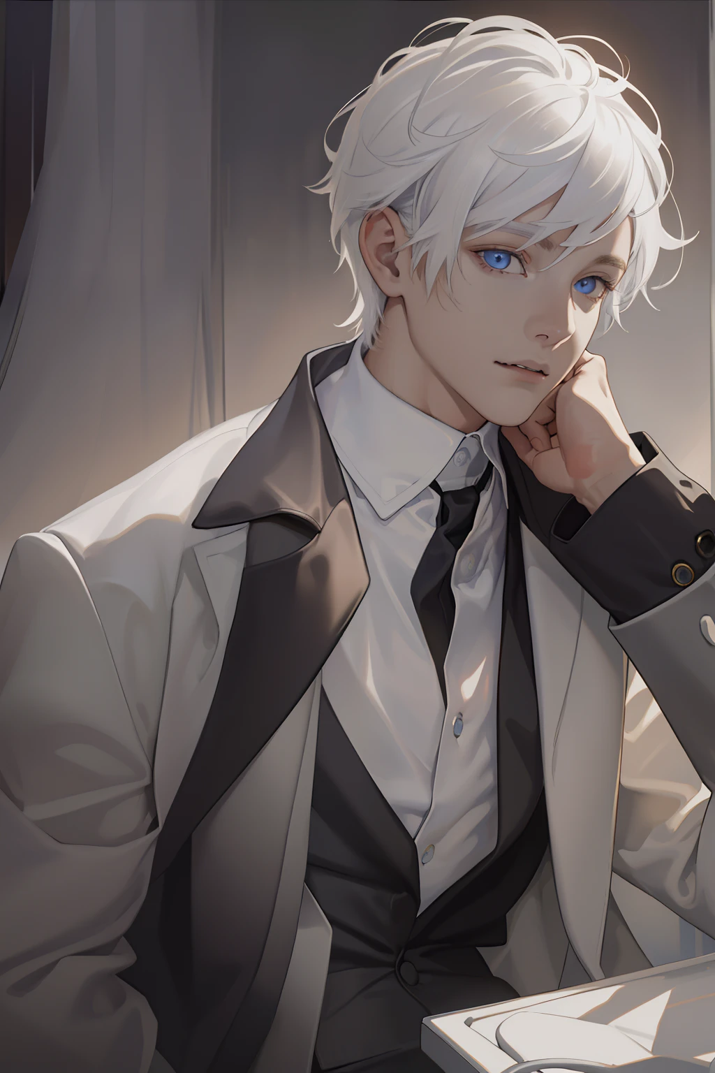 (masuter piece,Best Quality,Ultra-detailed), (A detailed face), 1boy, A young man who left his boyhood behind,(front-facing view),(Photorealsitic:1.2),(side lights,Beautiful Eyes of Details:1.2),white colored hair,Face focus,Business suit,jacket,whiteshirt,Vampires