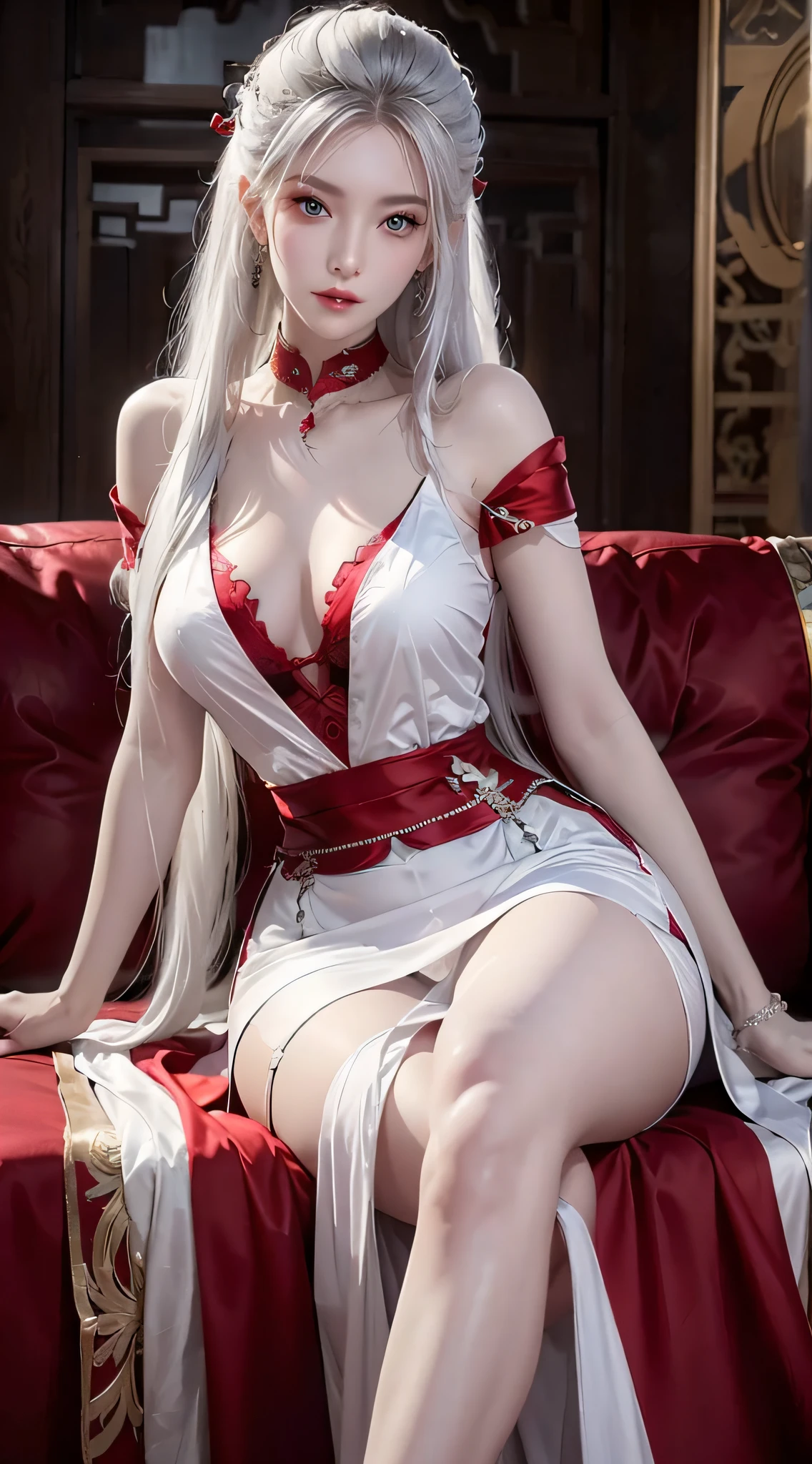 Photorealistic, high resolution, 2 woman, Hips up, Beautiful eyes, White hair, Long hair, ringed eyes, jewelry, tattoo, wedding dress, red dress, china dress, crossing legs