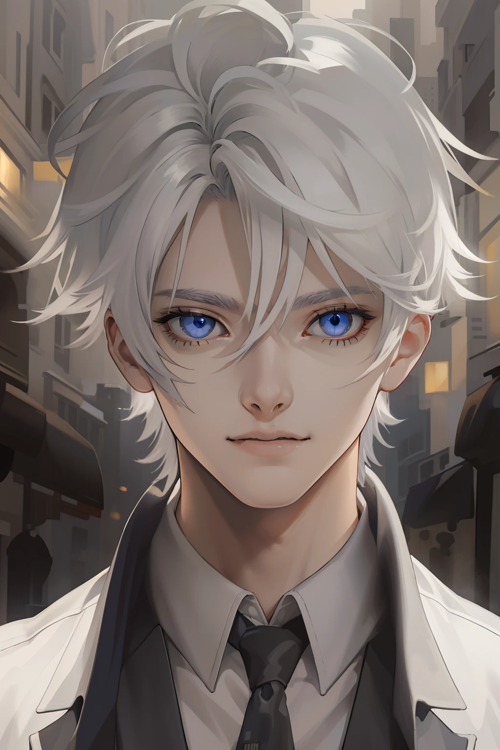 (masuter piece,Best Quality,Ultra-detailed), (A detailed face), 1boy, A young man who left his boyhood behind,(front-facing view),(Photorealsitic:1.2),(side lights,Beautiful Eyes of Details:1.2),white colored hair,Face focus,Business suit,jacket,whiteshirt,Vampires