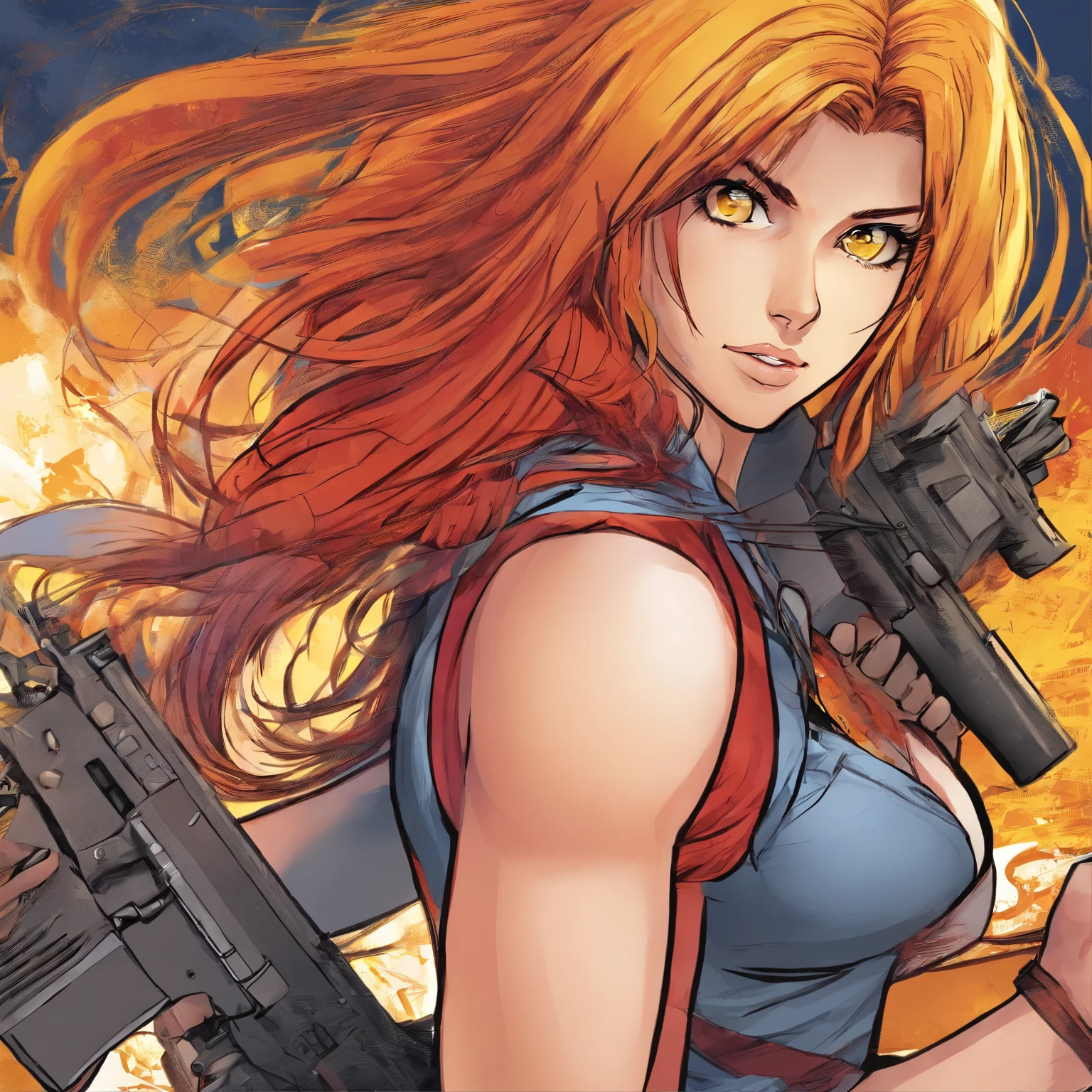 1 Gunslinger girl, 24 years old, gun in hand, red long hair tail, gauntlets, rage face, yellow eyes, comic style, large trousers, tatooed shoulder, scarf, sports bra