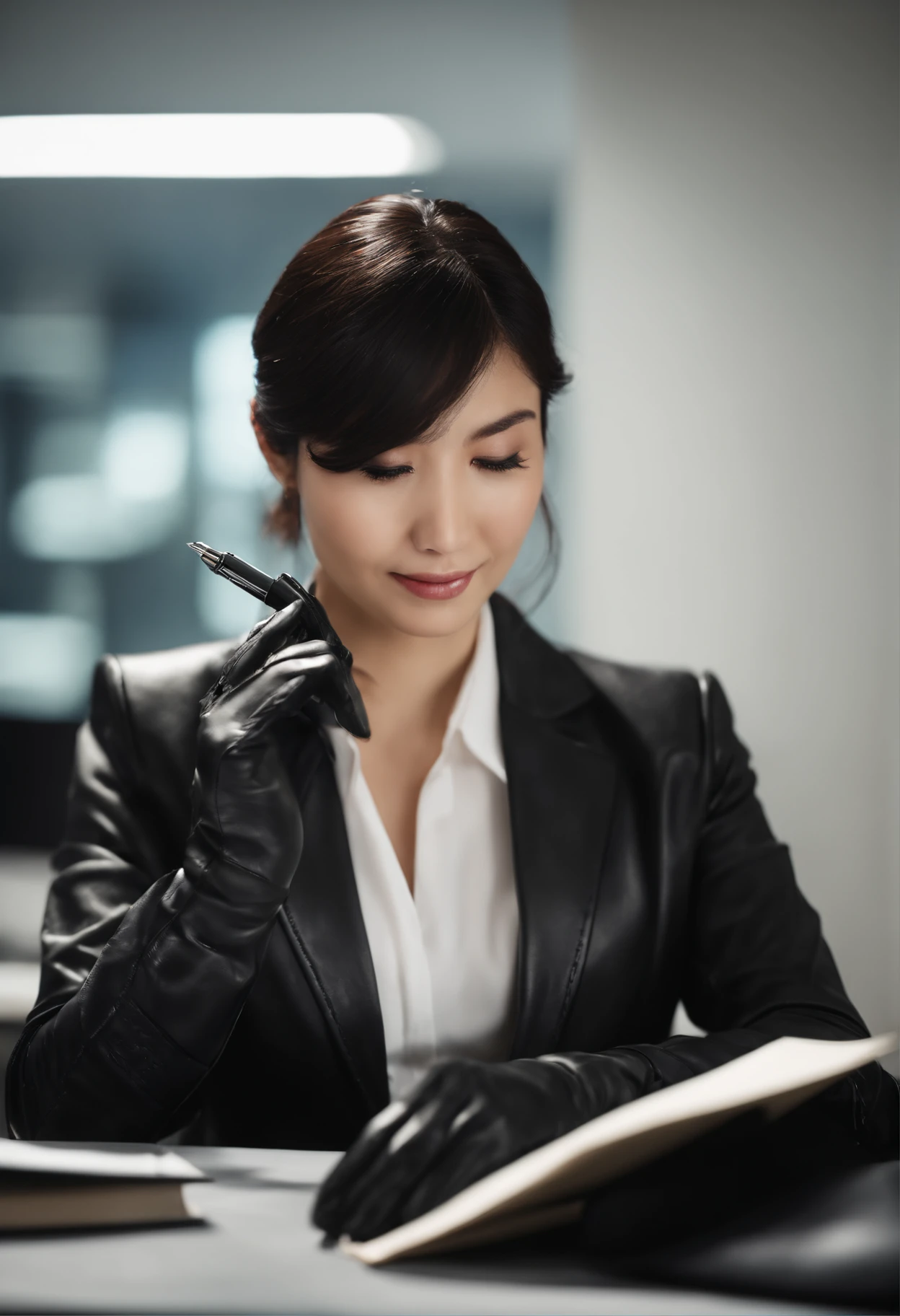Wearing black leather gloves in both hands, upper body, black business suit, facing the desk in the modern study in the dark, looking down, smiling, writing a letter using a fountain pen, long, straight black hair, young and cute face Japanese female new employee (black leather gloves cover both hands)