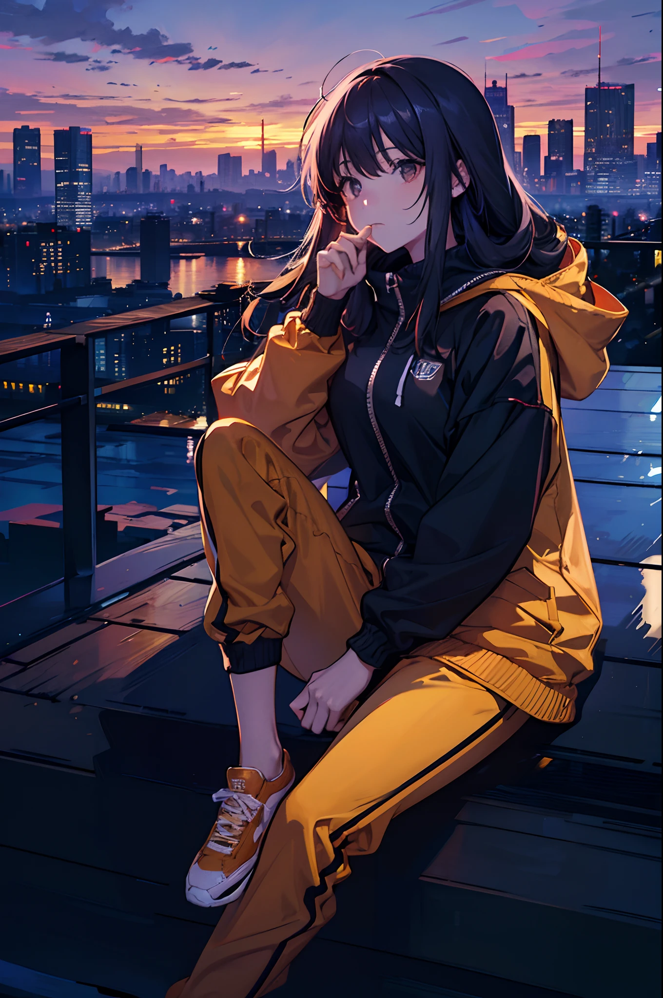 a woman wearing a hoodie, tracksuit pants, sitting on the very edge of a roof, over the shoulder shot, in a city, night time, city skyline, neon lights sunset, looking at sunset, lo-fi, warm colours, wind, looking away, a golden retriever dog sitting next to her, no visible floor