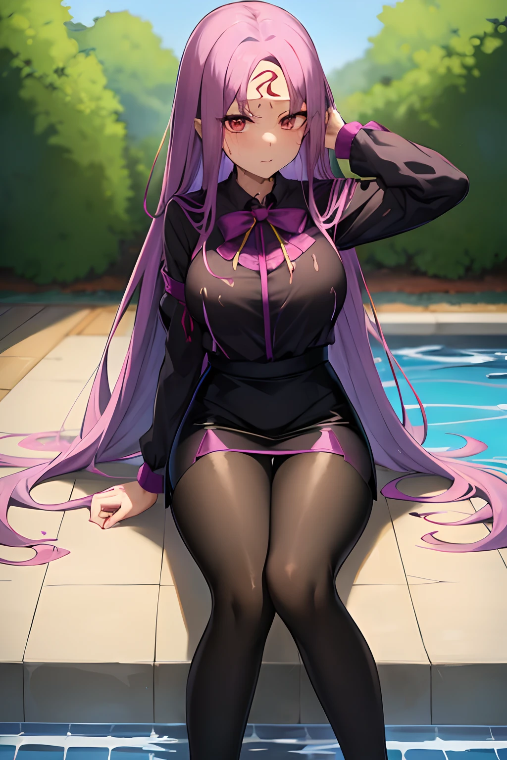 Best Quality, (masutepiece:1.2), Highly detailed,
Fate/Stay in the background, fullmoon、
Medusa_nffsw,
1girl in, Solo,, Looking at the viewer, absurdly long hair, Purple hair, Floating hair, forehead mark、embarassed expression、((Long sleeve blouse))、(Black pantyhose))、((whole body Dripping wet))、((pencil skirts))、((high-heels))、(Underwear is sheer)、in poolside