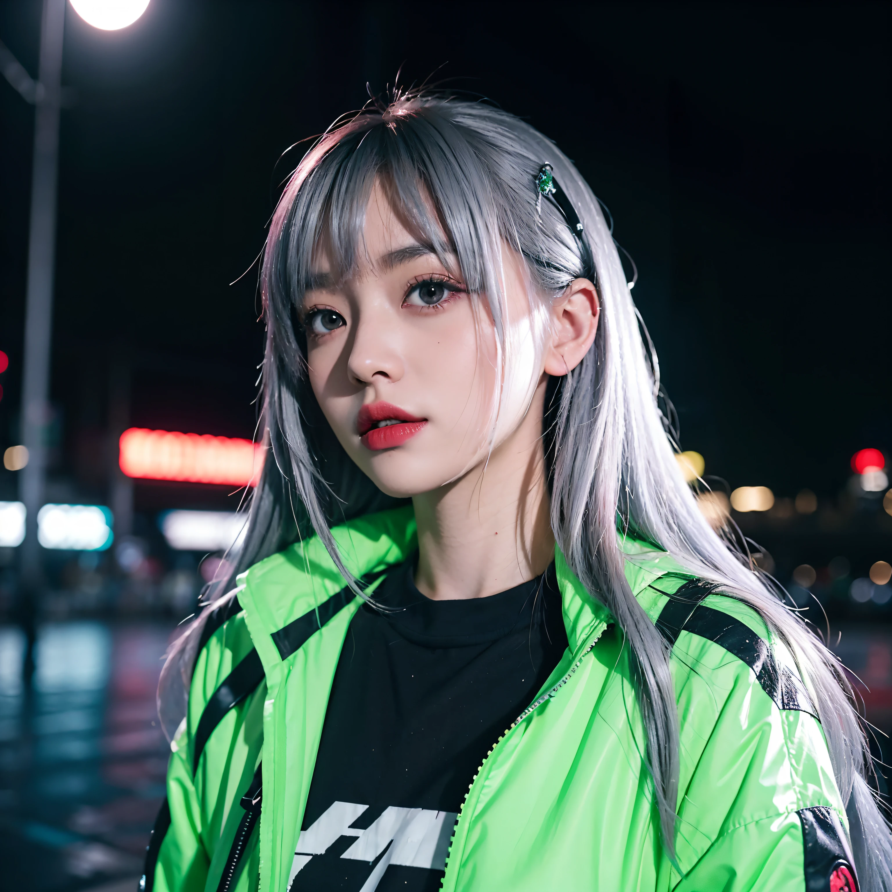lucy(cyberpunked)、miku hatsune、1 japanese girl、Hair tightening、hime-cut、silber hair、Color Chip、fullmoon、grey eyes、jaket、shortsleeves、looking at the spectator、Medium hair、O cabelo multicolorido、Bangs parting、Parting lips、Red-haired、silver hair, full bodyesbian、Red eyeliner、red-lips、独奏、Green jacket、cyberpunked\(series)、Glowing neon lights、Rainy night in cyberpunk city、 8K,
