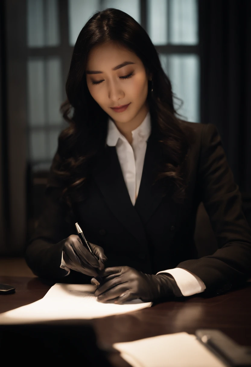 Wearing black leather gloves in both hands, upper body, black business suit, facing the desk in the modern study in the dark, looking down, smiling, writing a letter using a fountain pen, long, straight black hair, young and cute face Japanese female new employee (black leather gloves cover both hands)