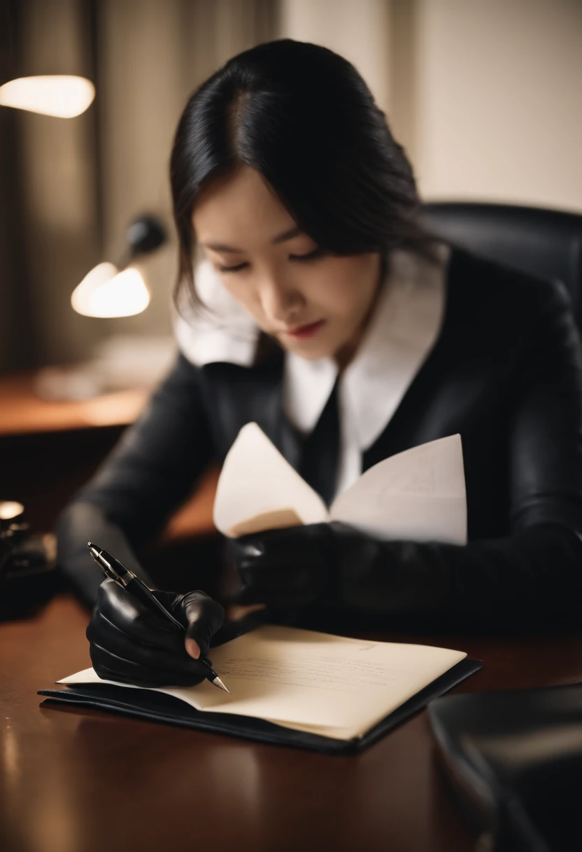 Wearing black leather gloves in both hands, upper body, black business suit, facing the desk in the modern study in the dark, looking down, smiling, writing a letter using a fountain pen, long, straight black hair, young and cute face Japanese female new employee (black leather gloves cover both hands)