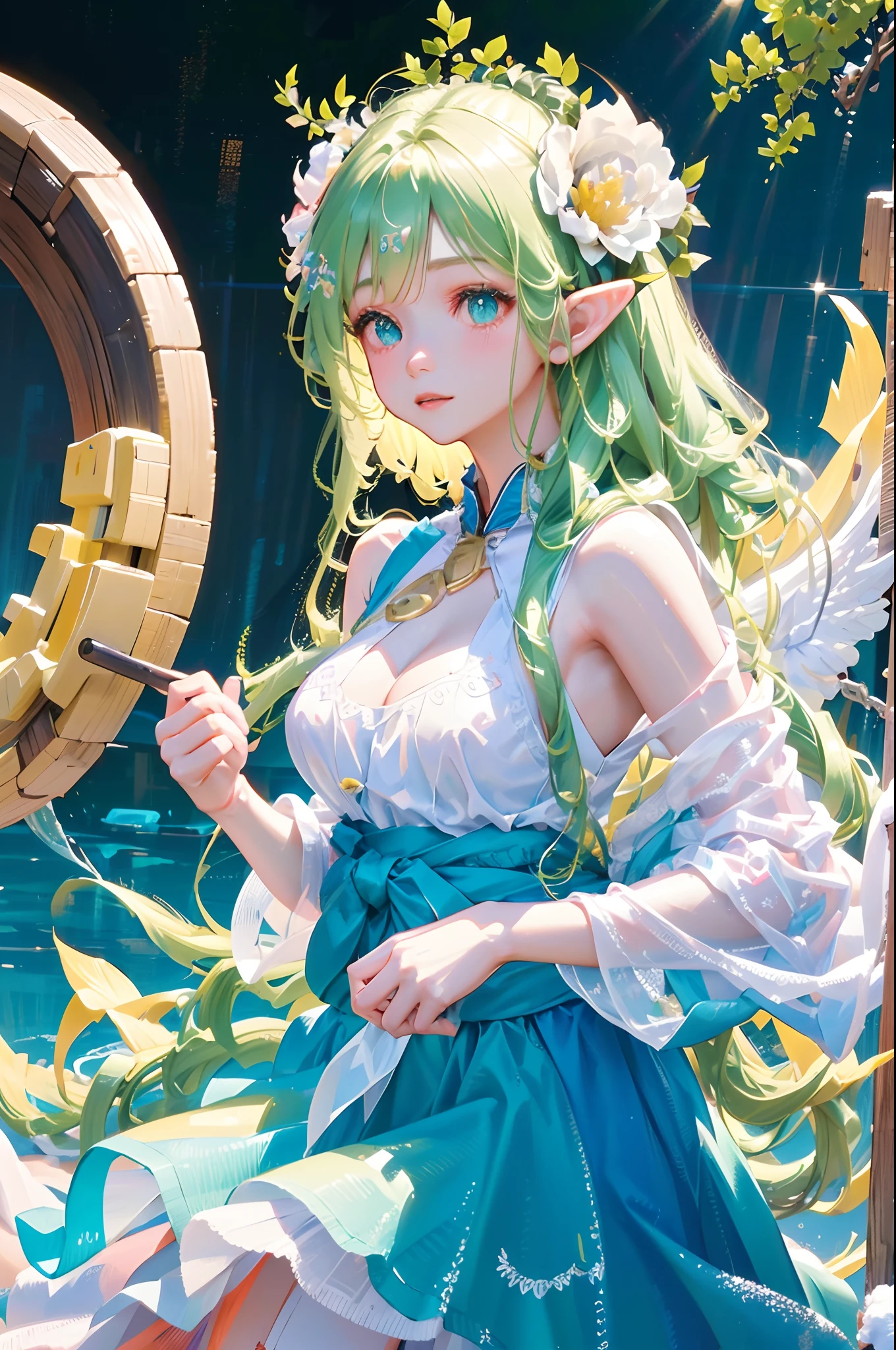 White long hair anime girl wearing white shirt and flower crown, Snow scene，a beautiful anime portrait,tmasterpiece， high high quality， cinematic Film still from， one-girl， Cloud Girl， Clouds， （closeup cleavage： 1.1）， brightly， Colorful， Transparent body，Sparkling，full bodyesbian，long  skirt，green long skirt，Transparent clothes，Elf wings